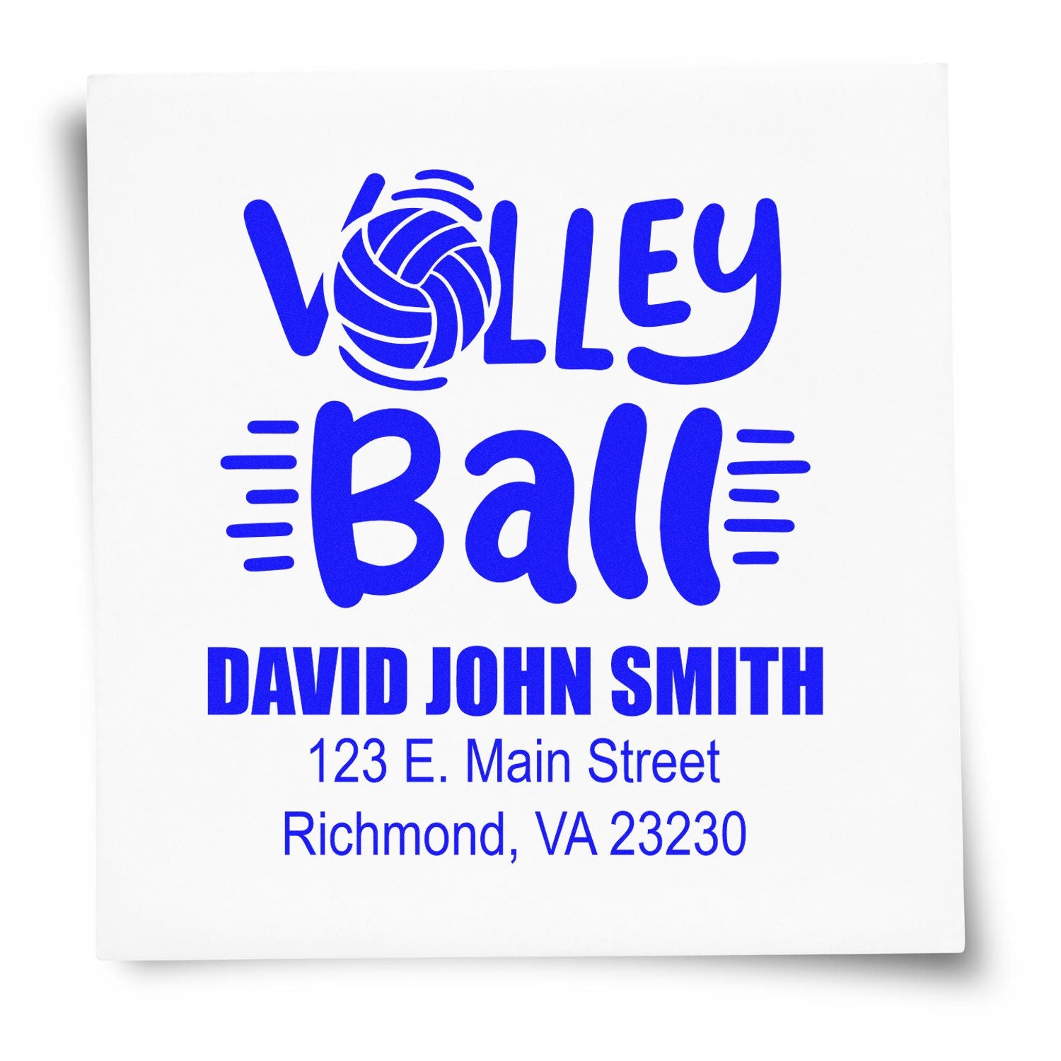 Volleyball-themed custom rubber stamp with name and address for David John Smith, Richmond, VA.