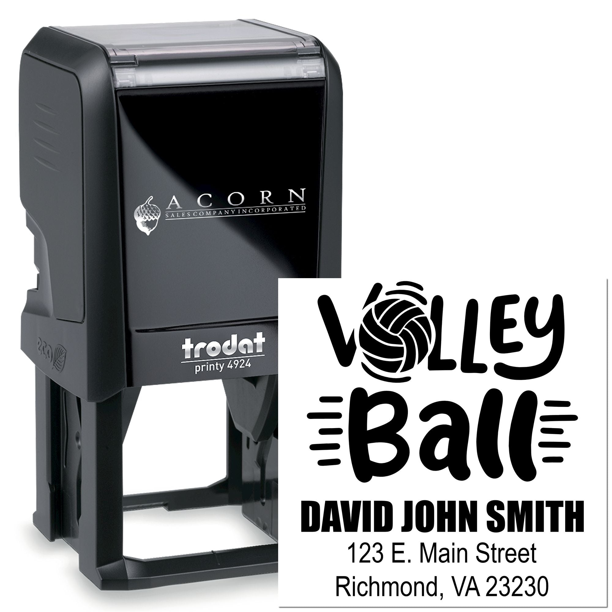 Personalized self-inking rubber stamp with volleyball logo, name, and address; Trodat Printy custom business stamp.