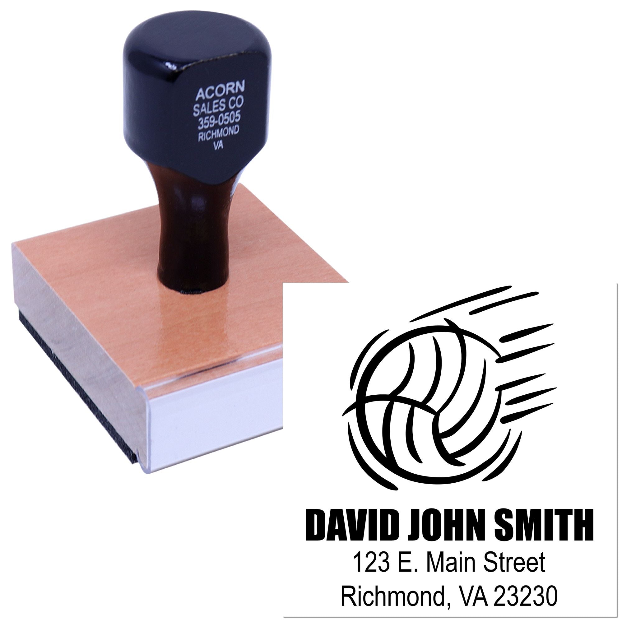 Custom rubber stamp with name, address, and logo for business branding and mailing.