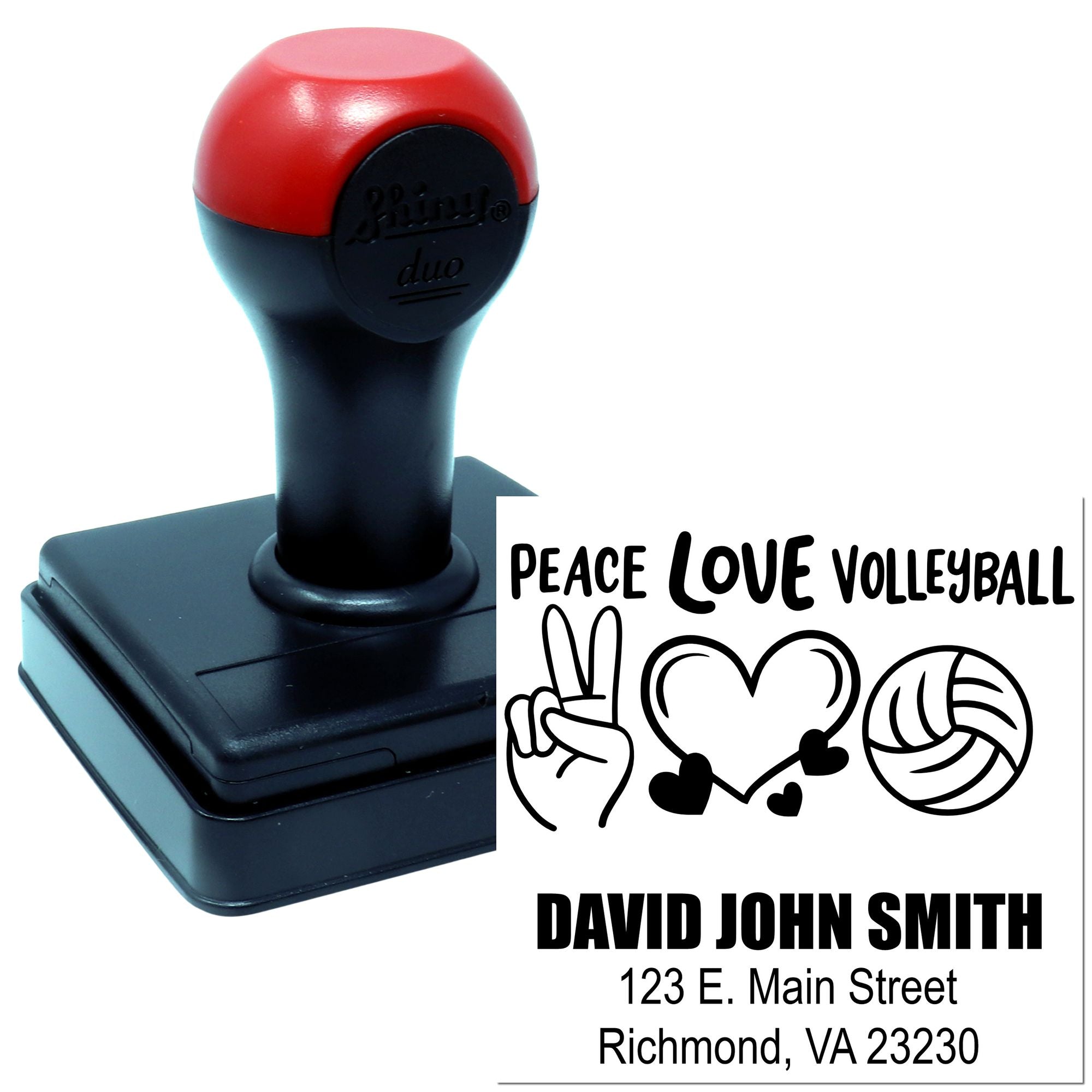 Custom self-inking rubber stamp for volleyball fans with Peace Love Volleyball design, name, and address imprint.