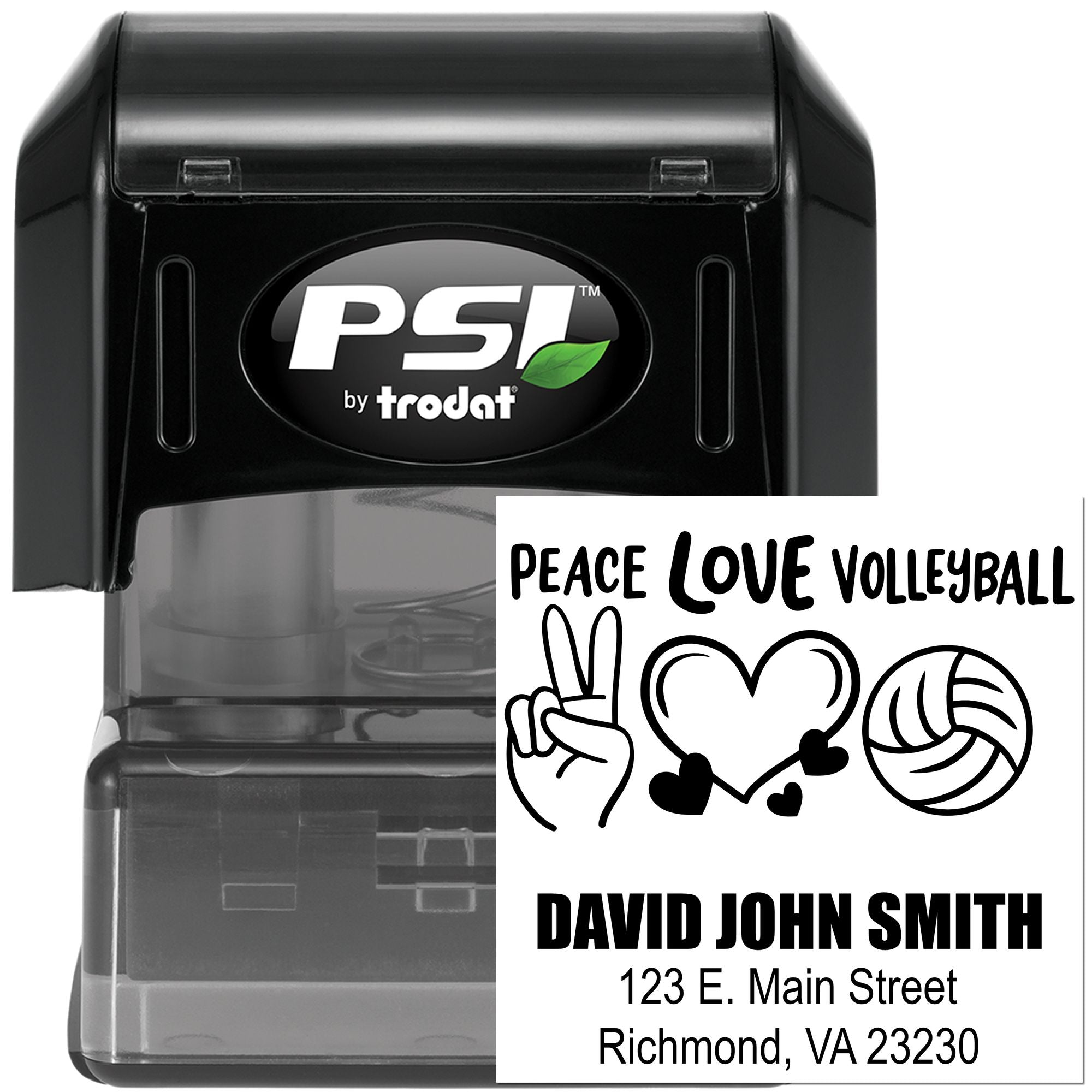 Custom self-inking rubber stamp with Peace Love Volleyball design, personalized name and address imprint