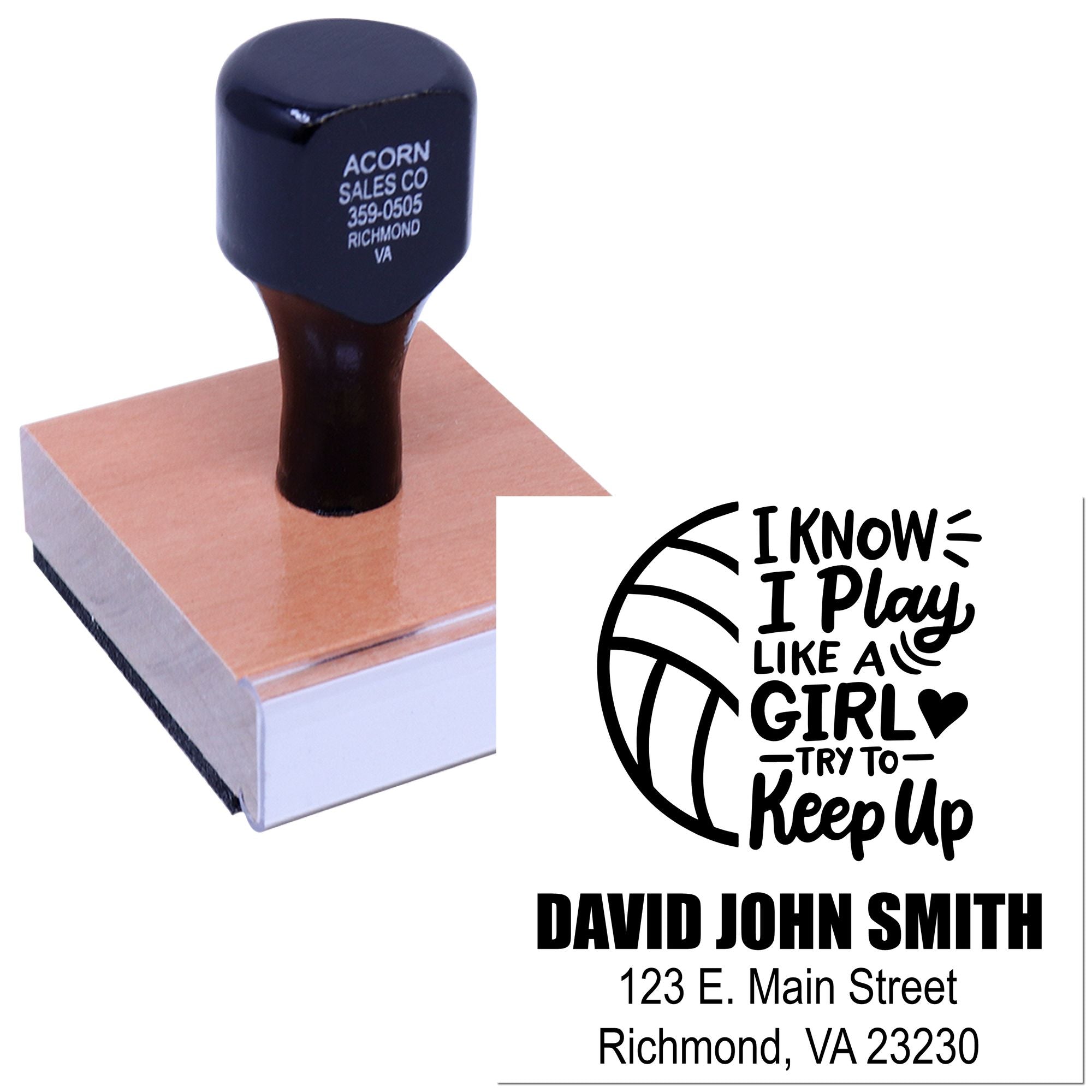 Custom basketball rubber stamp with motivational quote, personalized name, and address imprint.