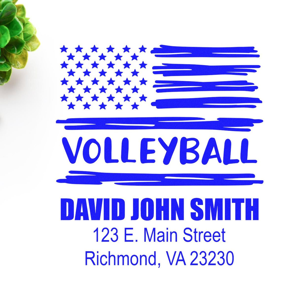 Custom volleyball rubber stamp with patriotic USA flag design, personalized for David John Smith, Richmond, VA 23230.