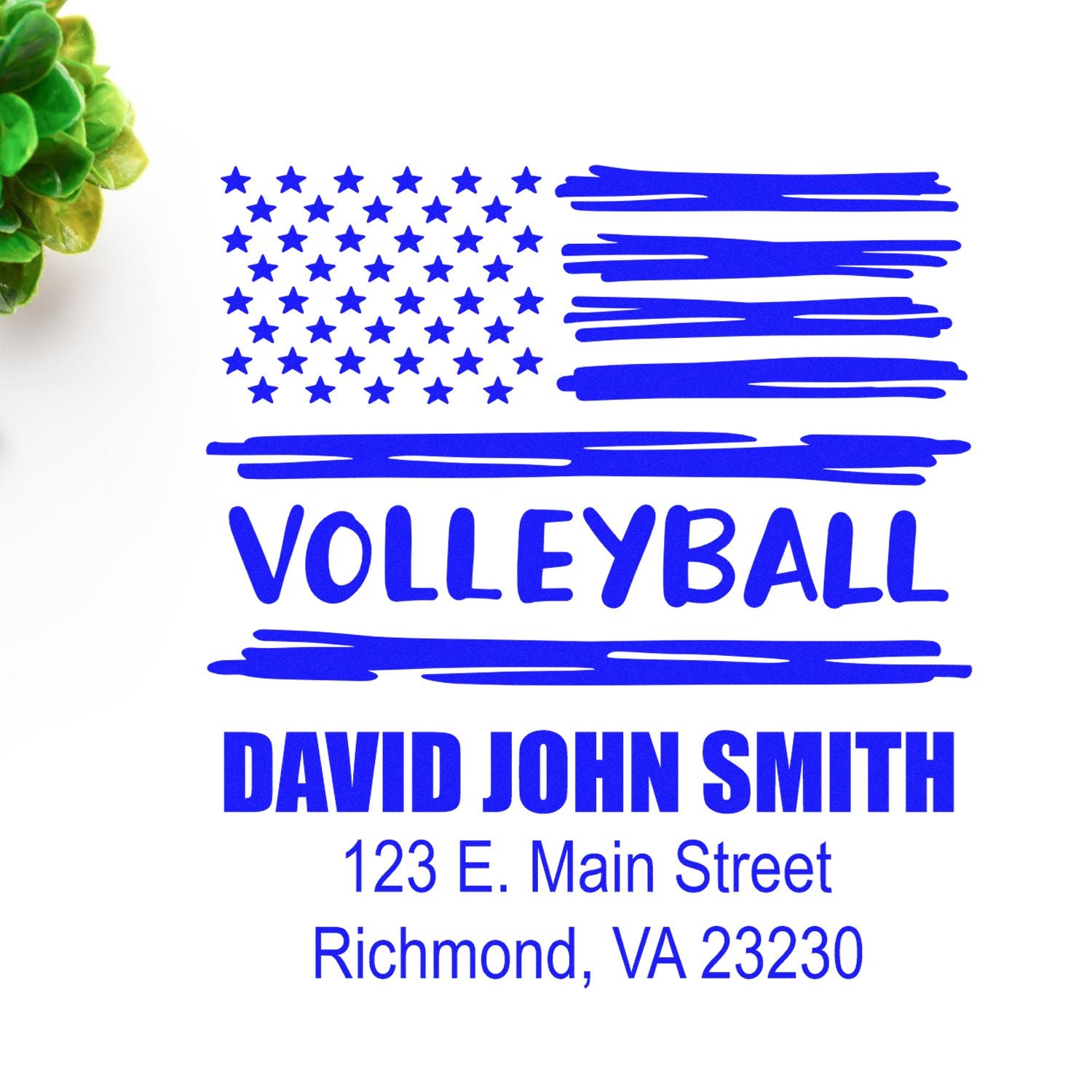 Custom volleyball rubber stamp with distressed American flag, personalized with David John Smith and Richmond, VA address.