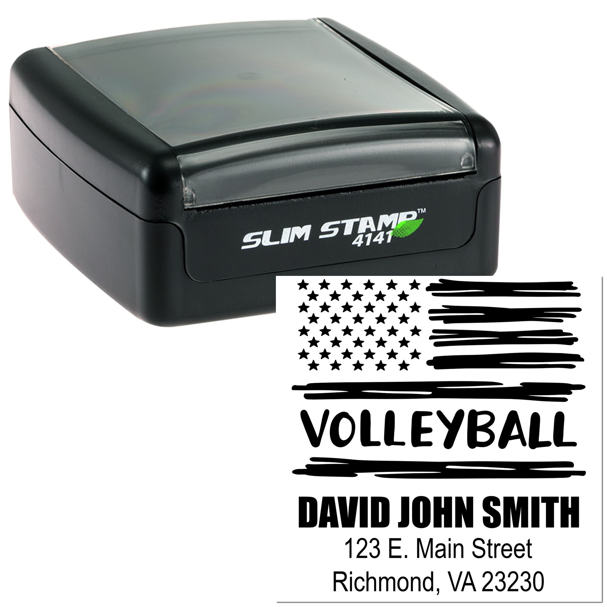 Custom self-inking rubber stamp with volleyball design, name, and address for personalized sports mailing and branding.