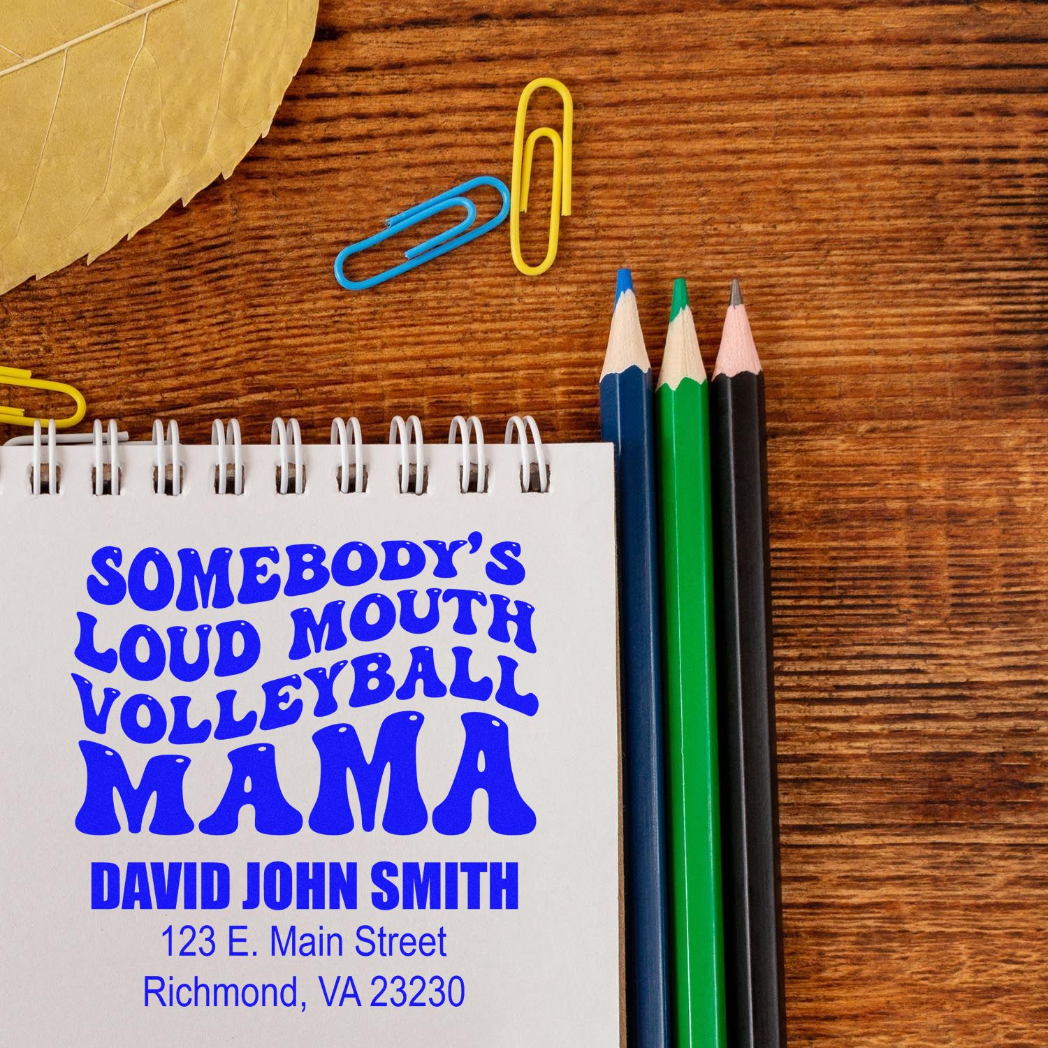 Custom rubber stamp proof reading Somebodys Loud Mouth Volleyball Mama with name and address on notebook.