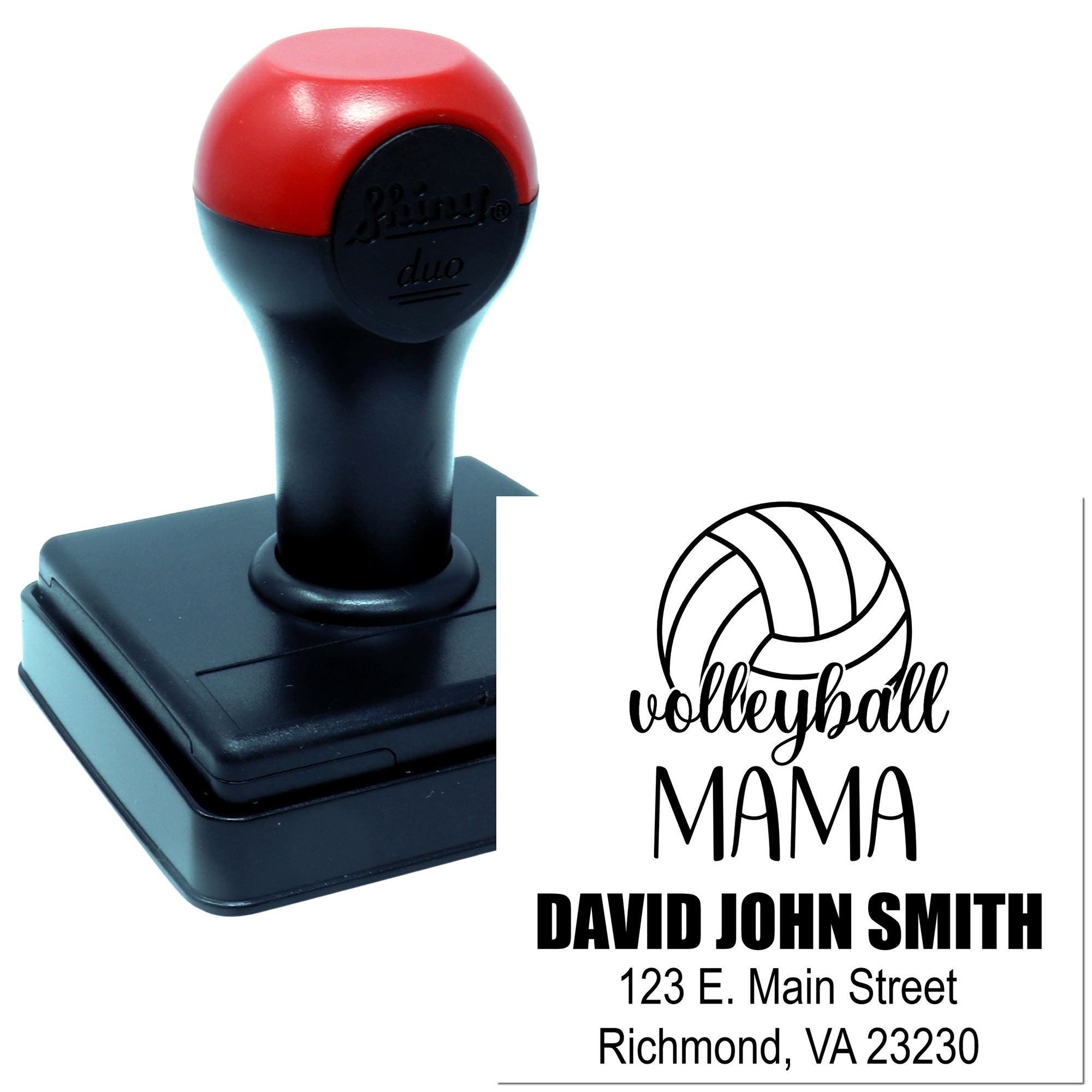 Custom self-inking volleyball mama rubber stamp with name and address, ideal for personalized sports mailers and gifts.