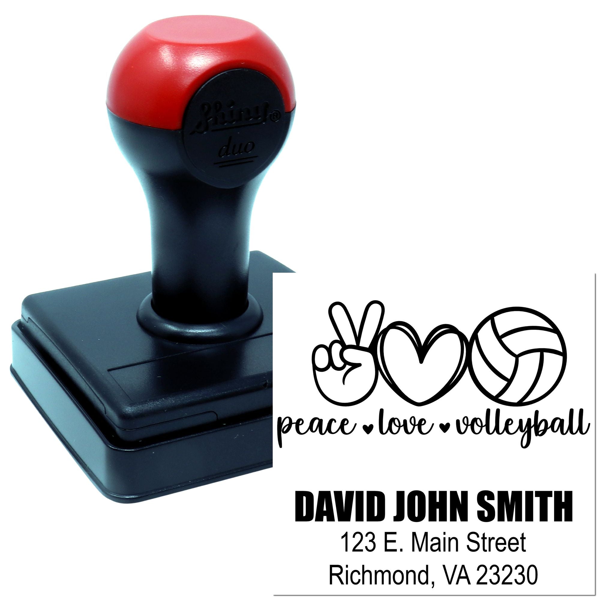 Custom self-inking rubber stamp with peace love volleyball design and personalized return address imprint for mailing.