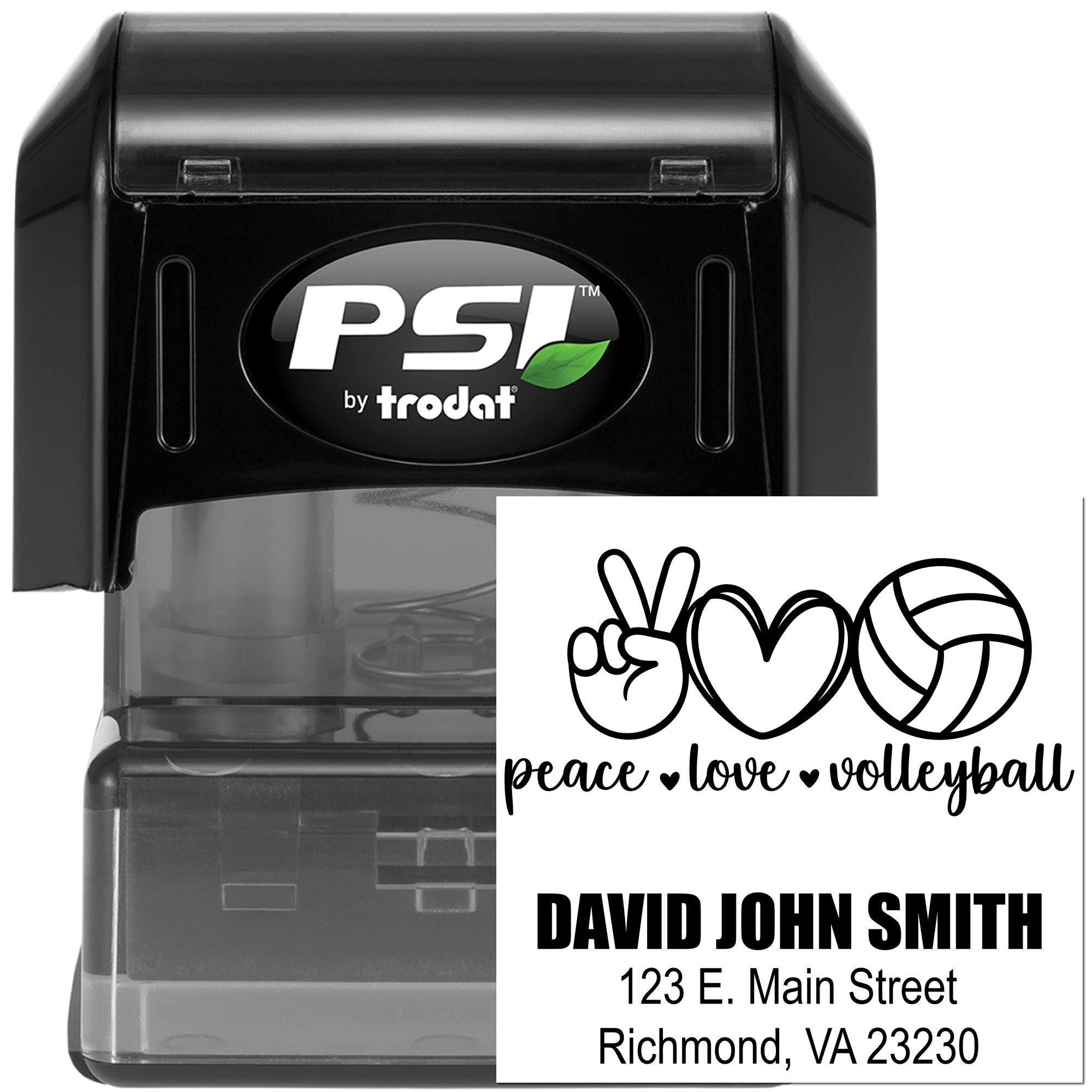 Personalized self-inking rubber stamp with peace love volleyball design and custom name and address by PSI Trodat.