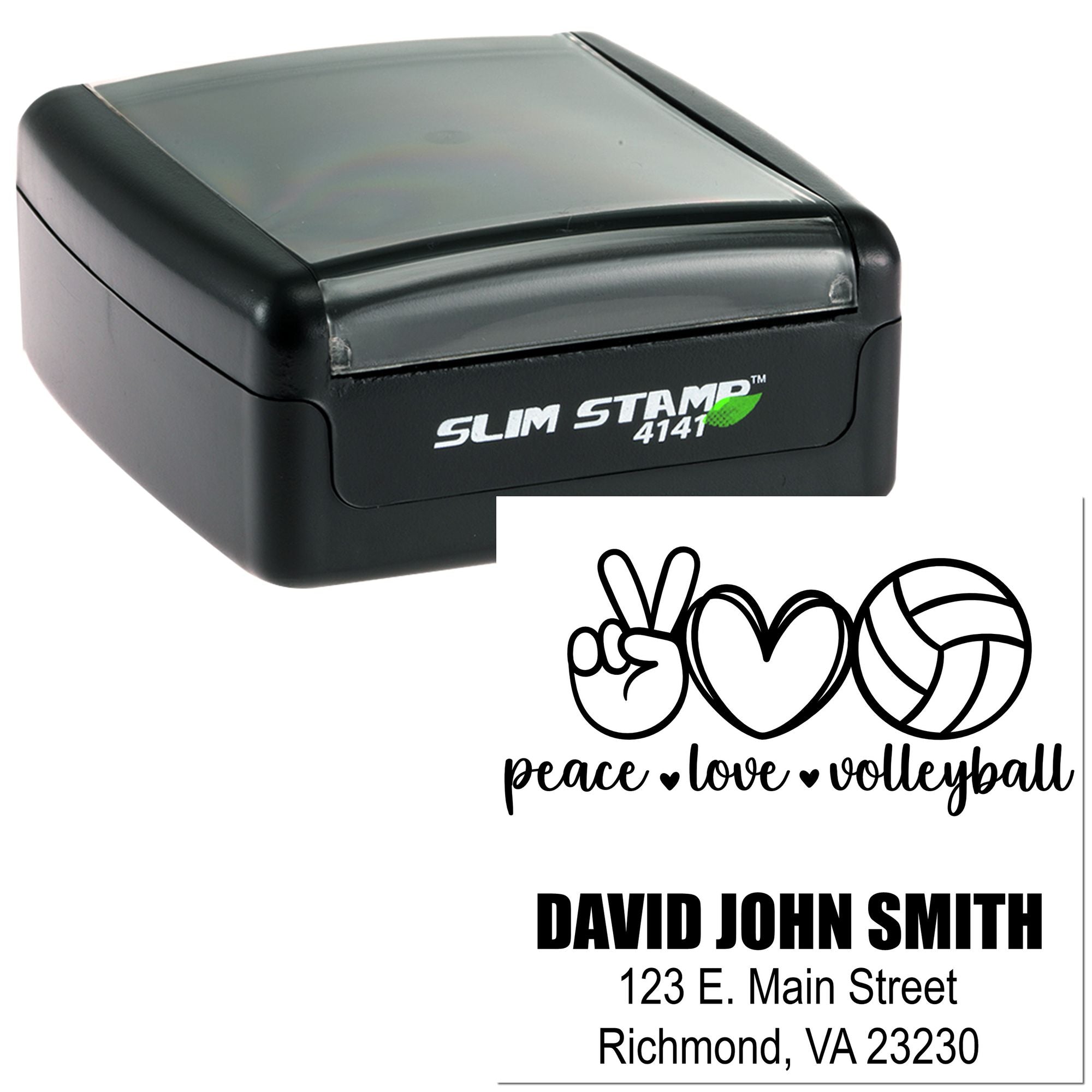 Custom self-inking rubber stamp with peace love volleyball design and personalized name and address.