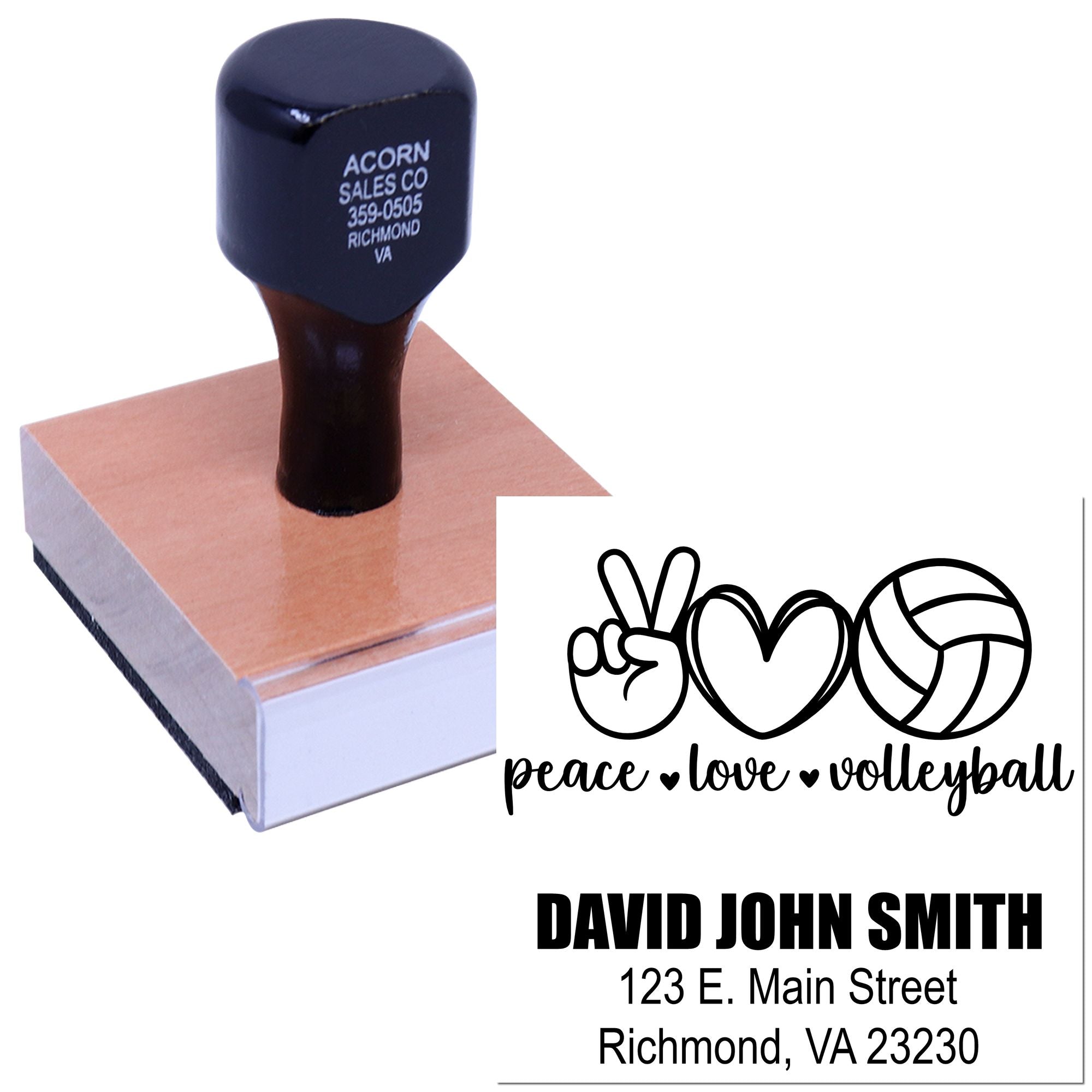 Custom self-inking rubber stamp showing a peace love volleyball design with personalized name and address imprint.