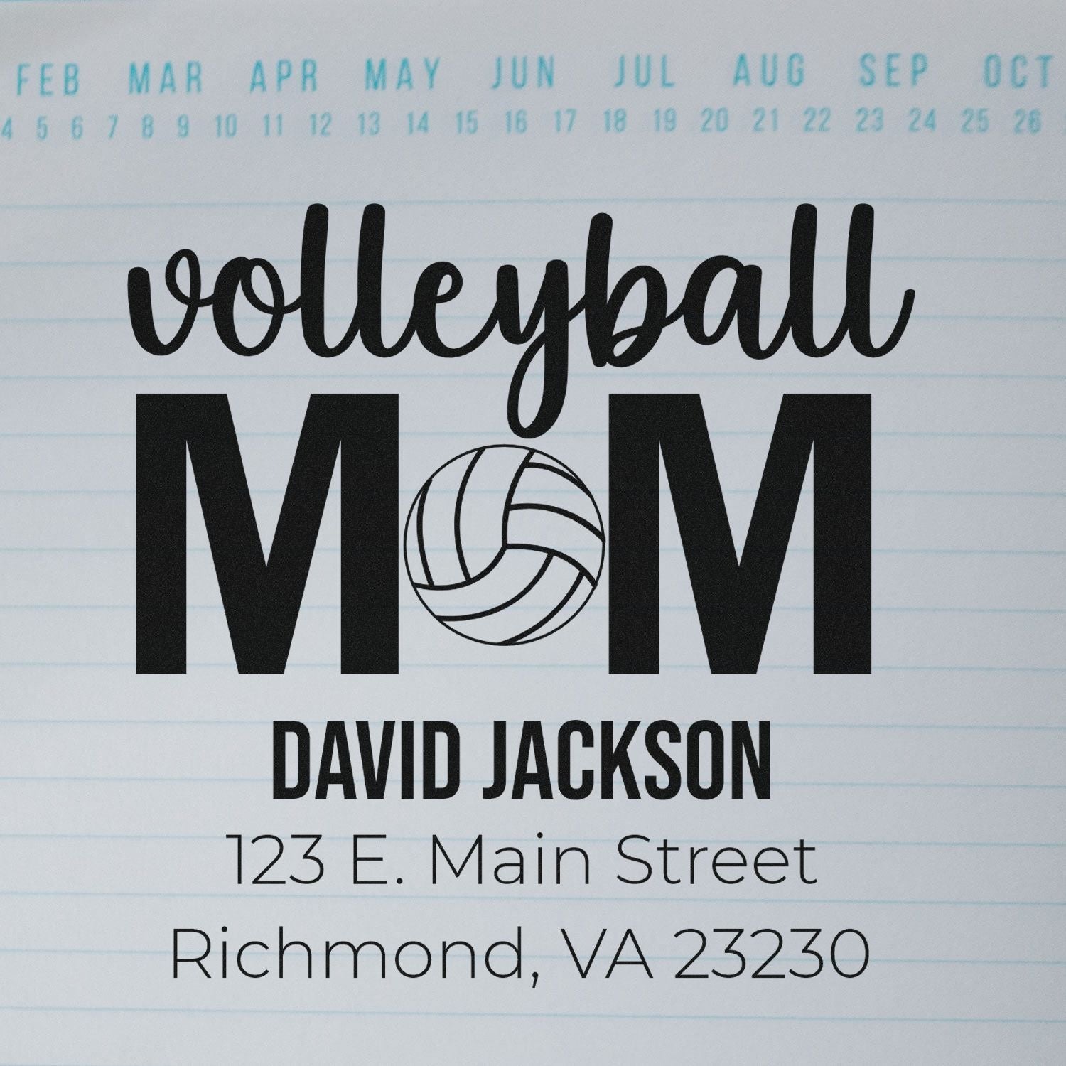 Personalized volleyball mom address stamp with name and Richmond, VA address for David Jackson.