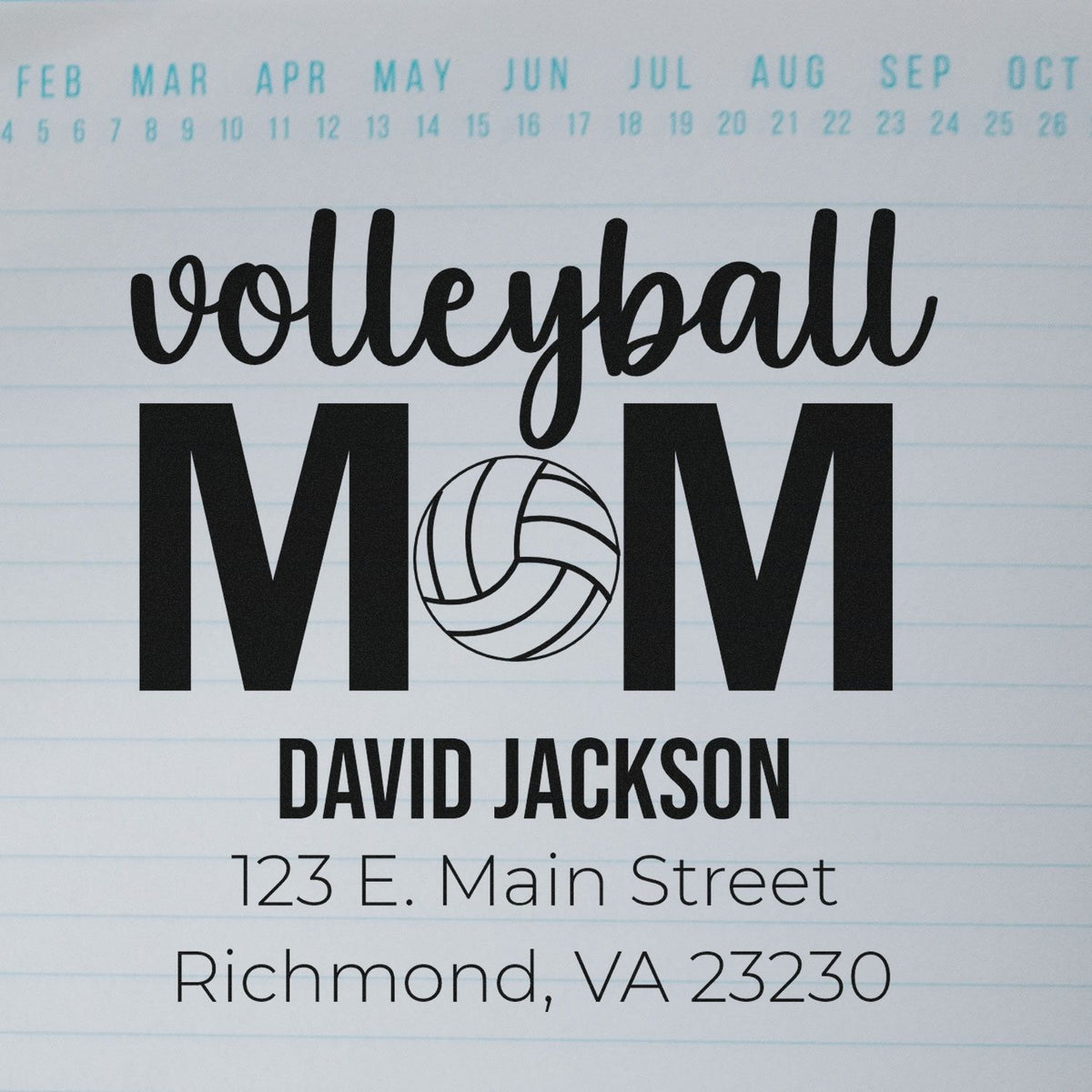 Custom volleyball mom return address rubber stamp with name, street address, and city for personalized mail.
