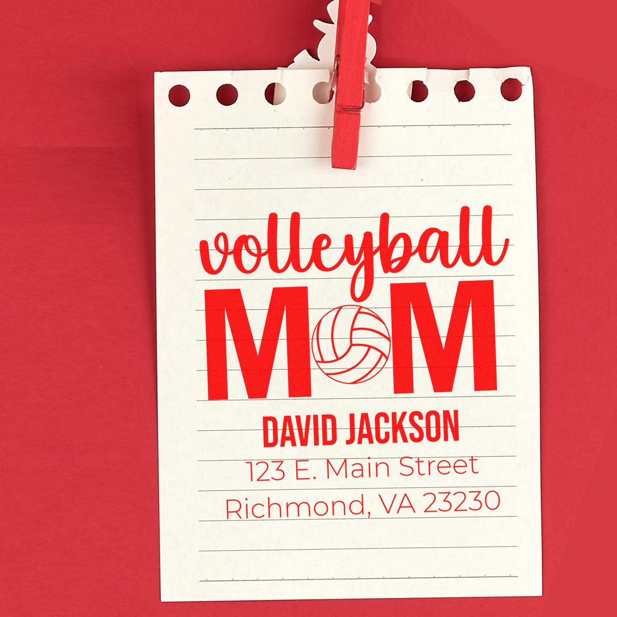Custom volleyball mom rubber stamp with personalized name and address on notepad, ideal for stationery.