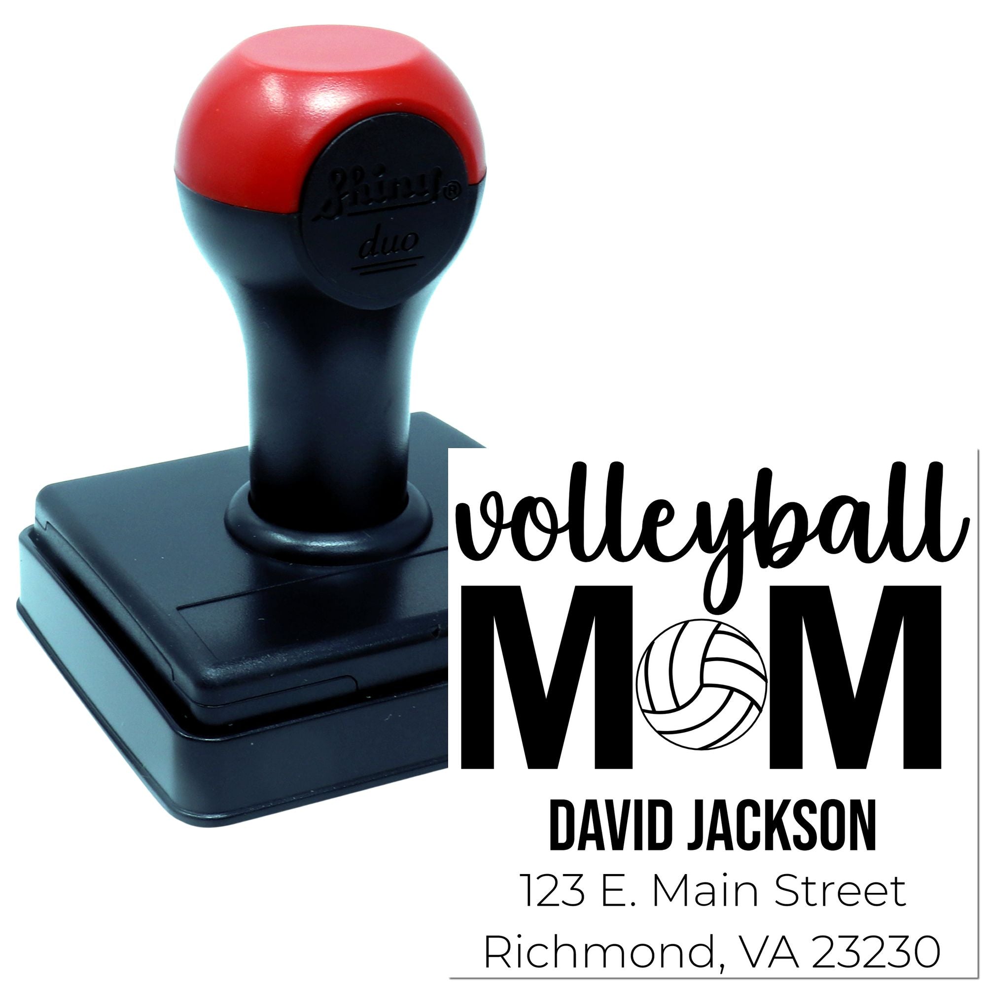 Custom self-inking rubber stamp with Volleyball Mom return address design for personalized mailings and volleyball team families.