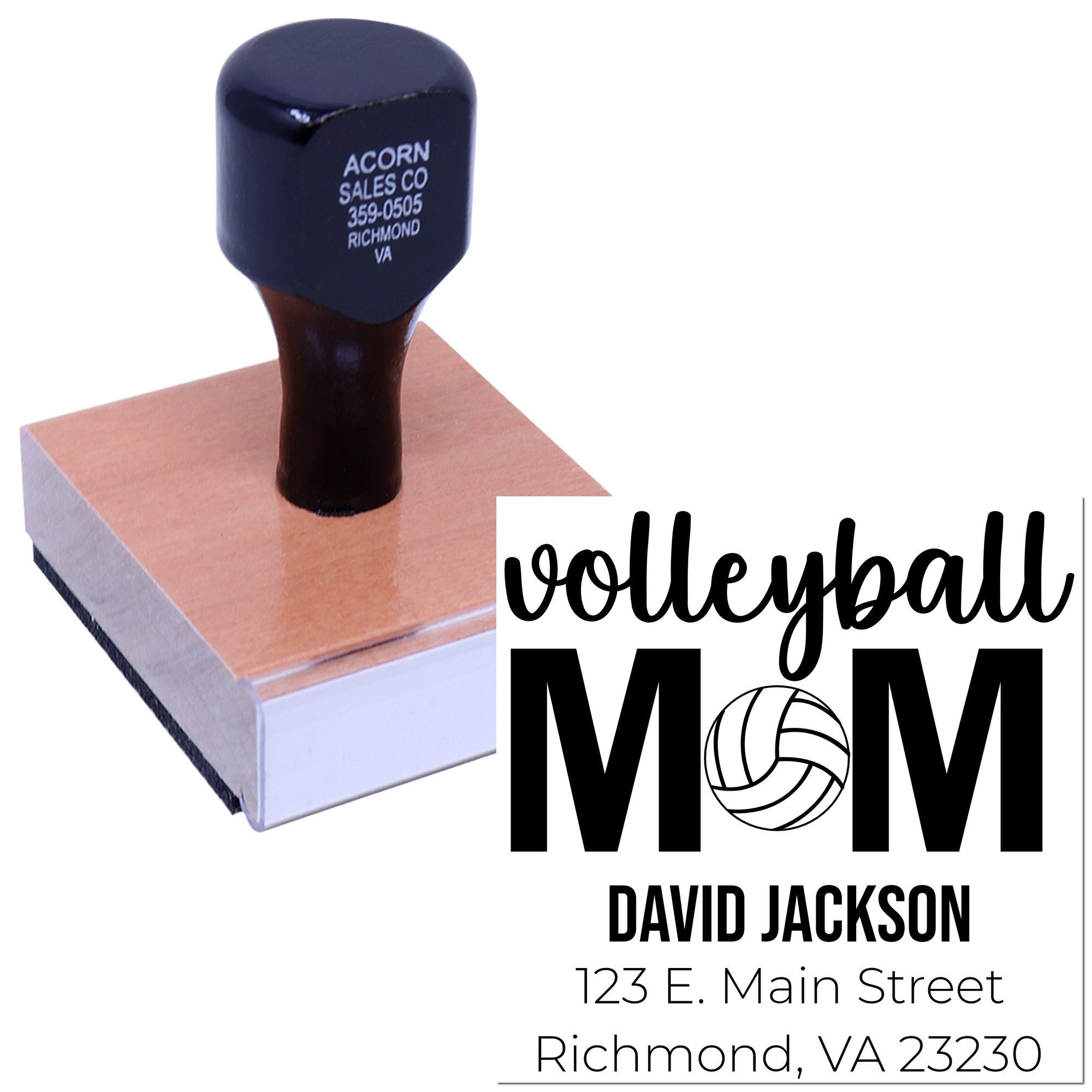 Personalized rubber stamp for Volleyball Mom, featuring name and address on a custom sports-themed design.