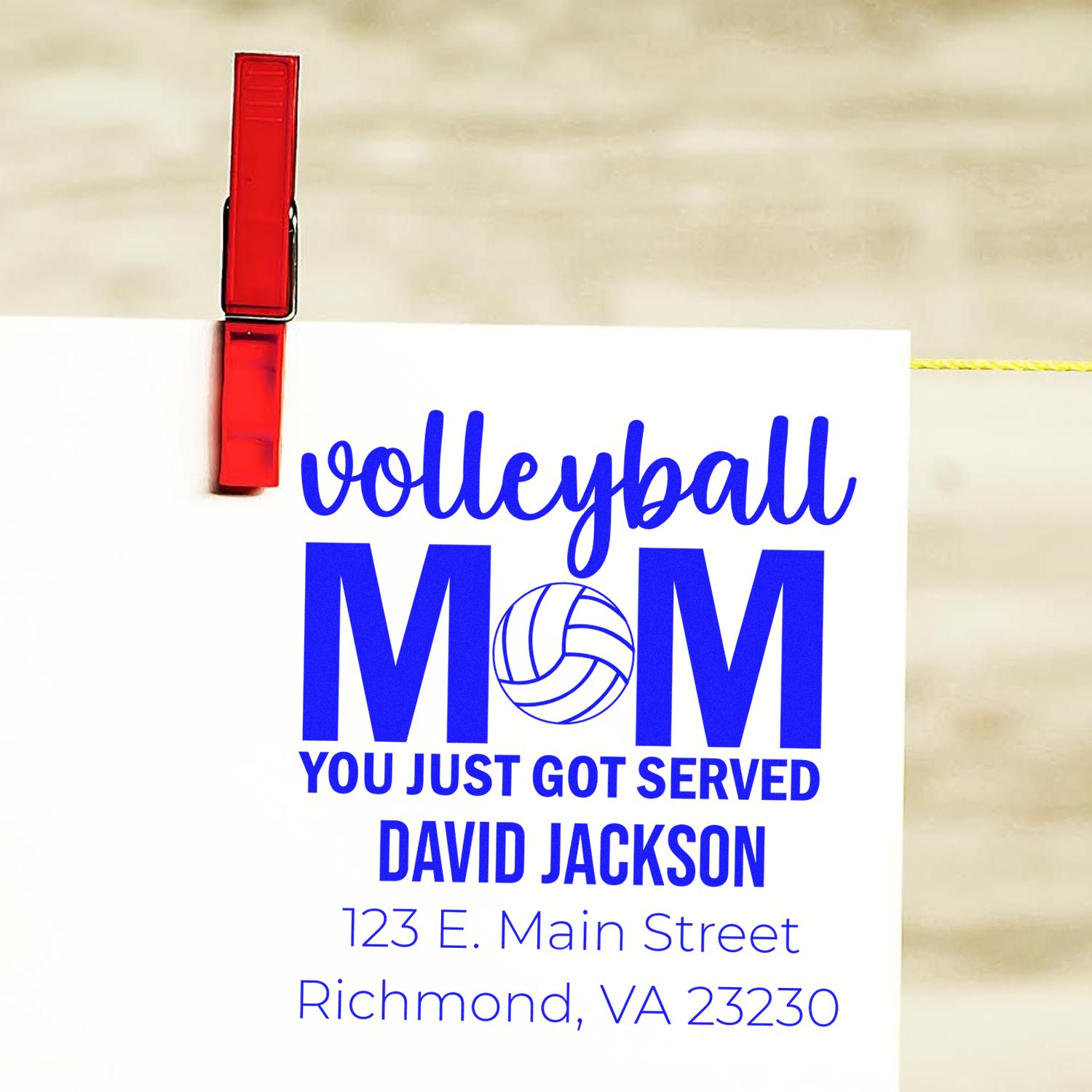 Custom volleyball mom return address rubber stamp with name, slogan, and Richmond, VA address.