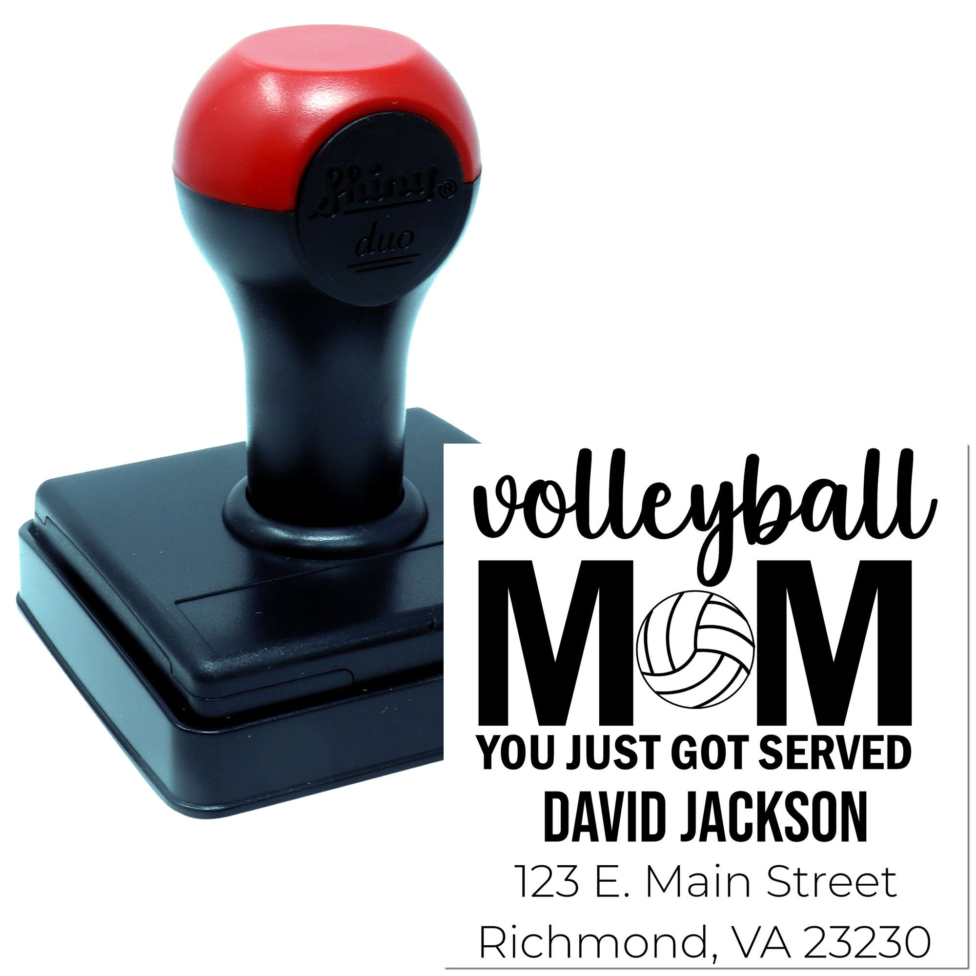 Custom self-inking volleyball mom rubber stamp with personalized return address design for sports families.