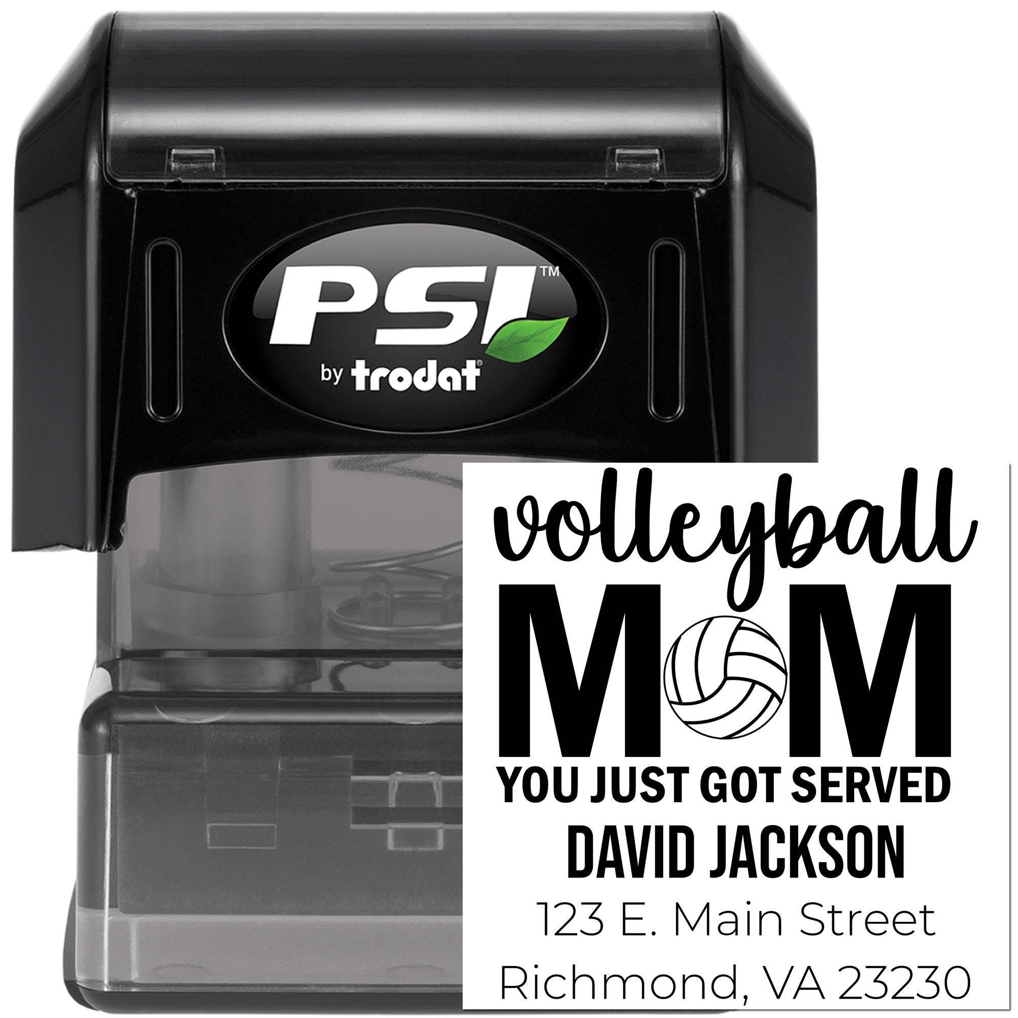 Custom PSI by Trodat self-inking rubber stamp for volleyball mom address imprint with personalized name and address.