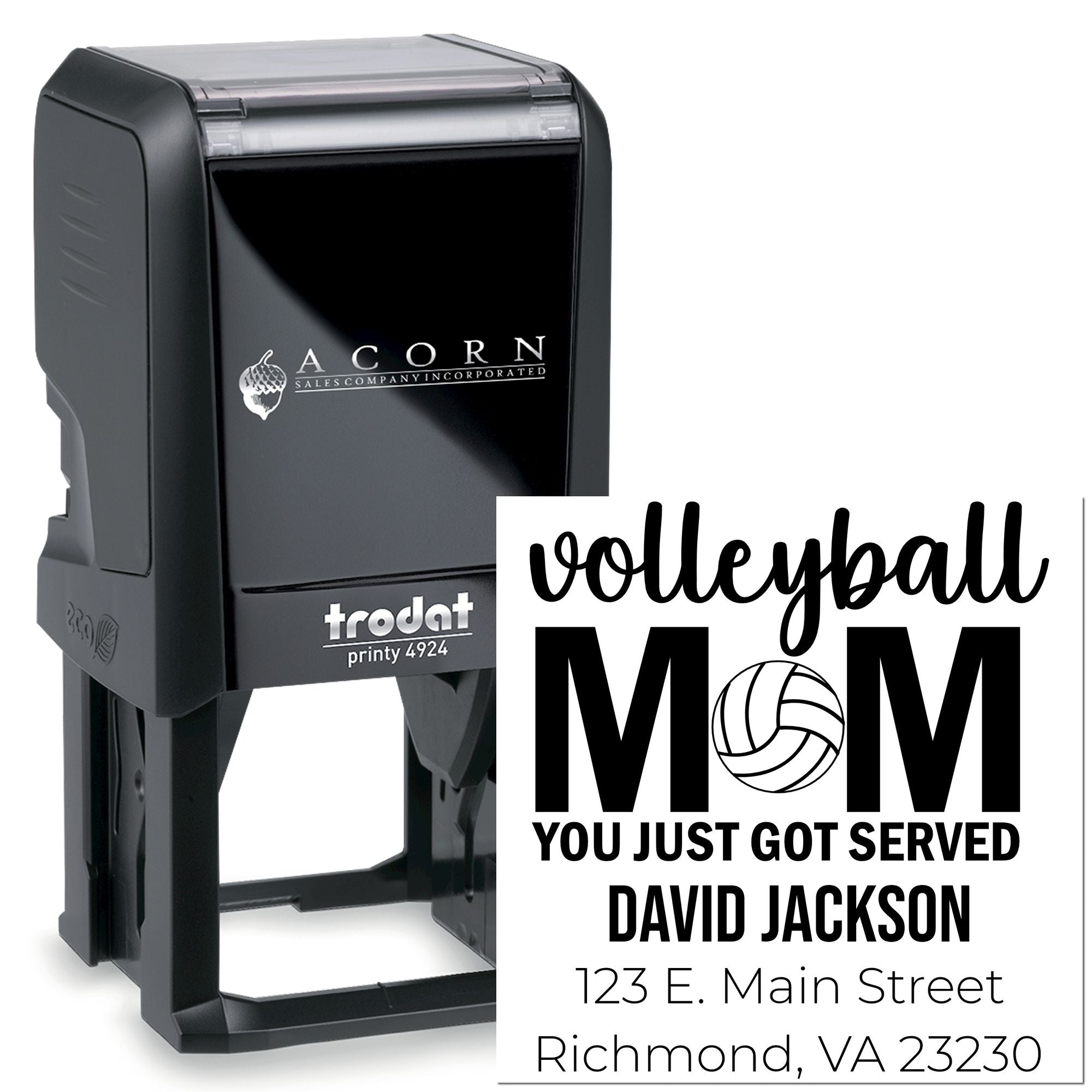 Custom self-inking rubber stamp for volleyball mom return address with name, address, and personalized team design.