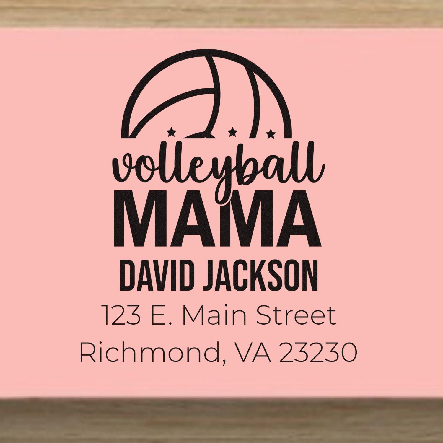 Personalized volleyball mama return address rubber stamp with name and Richmond, VA address.
