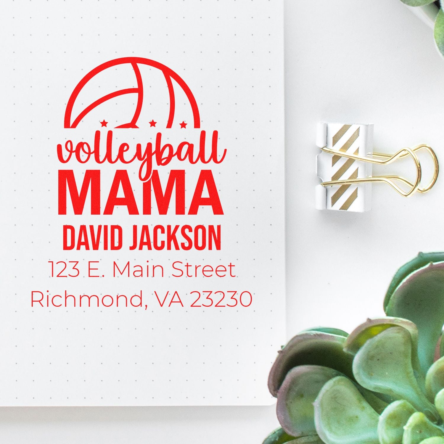 Custom volleyball mama return address rubber stamp with name, street address and city for personalized sports stationery.