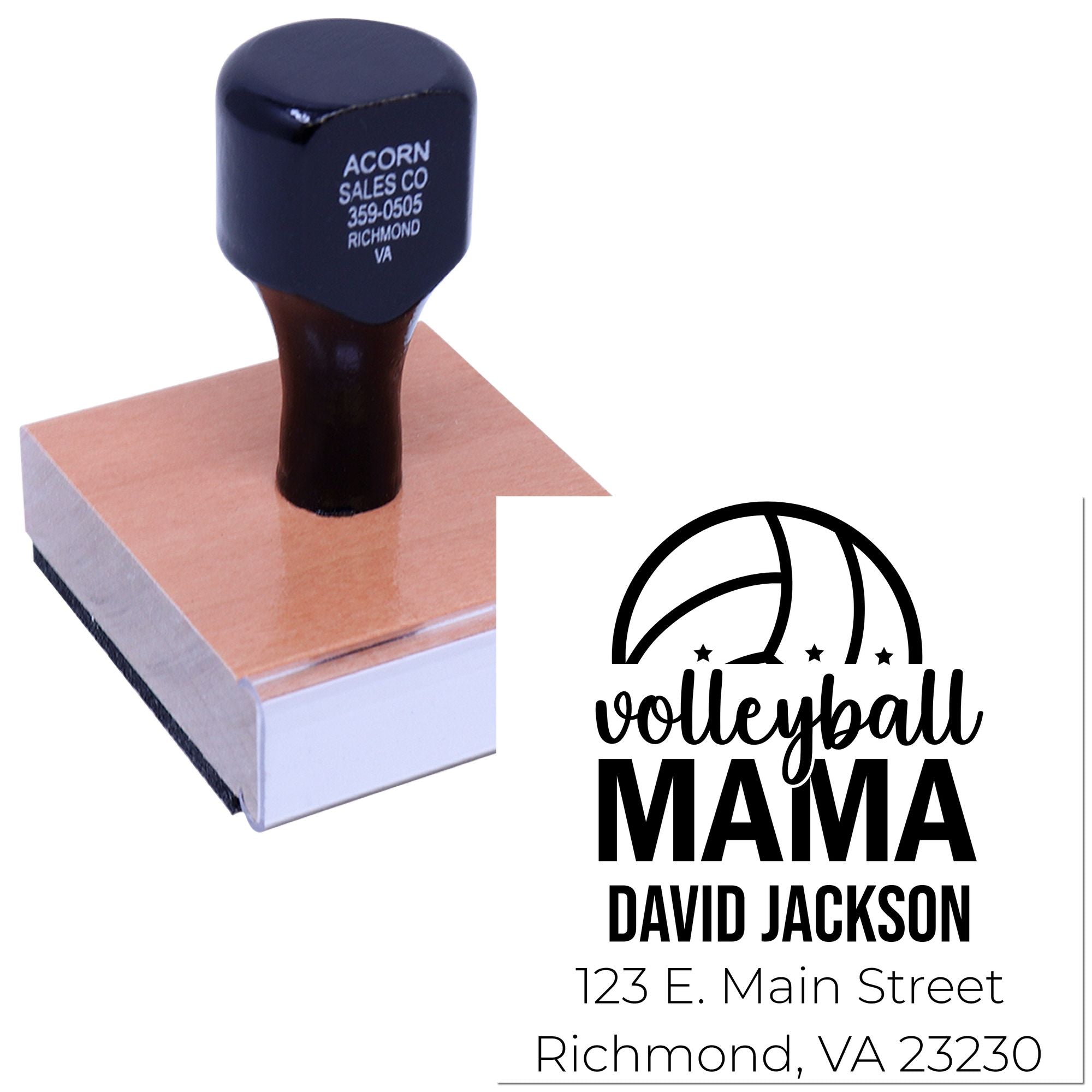 Custom rubber stamp with volleyball mama design and personalized return address for David Jackson, Richmond VA mailing.