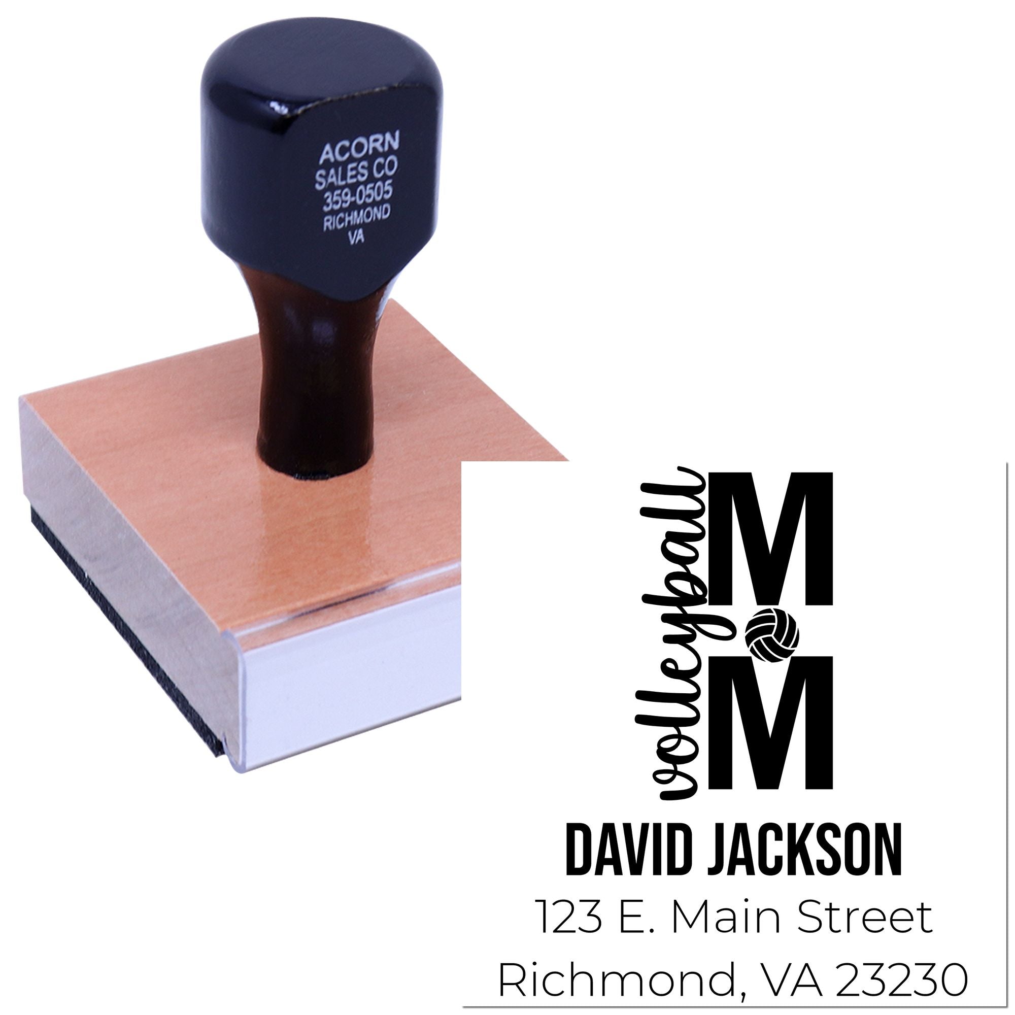 Custom rubber stamp showing monogram, name, and address design for personalized wedding or return address stamping.