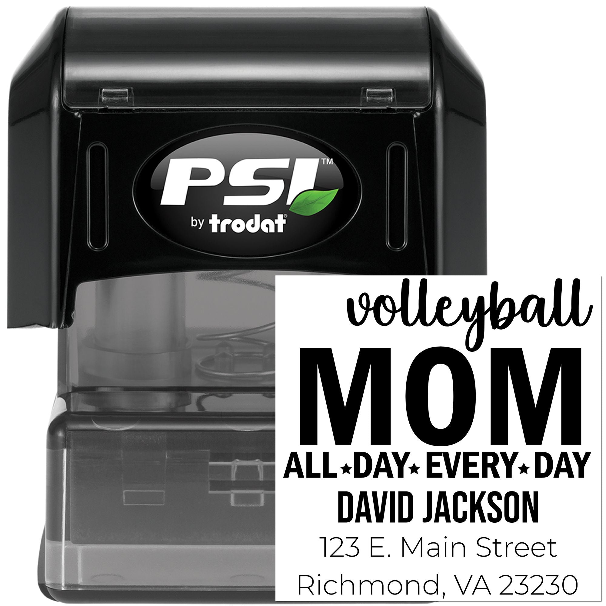 Custom self-inking rubber stamp for volleyball mom, featuring name and address in a PSI by Trodat stamp case.