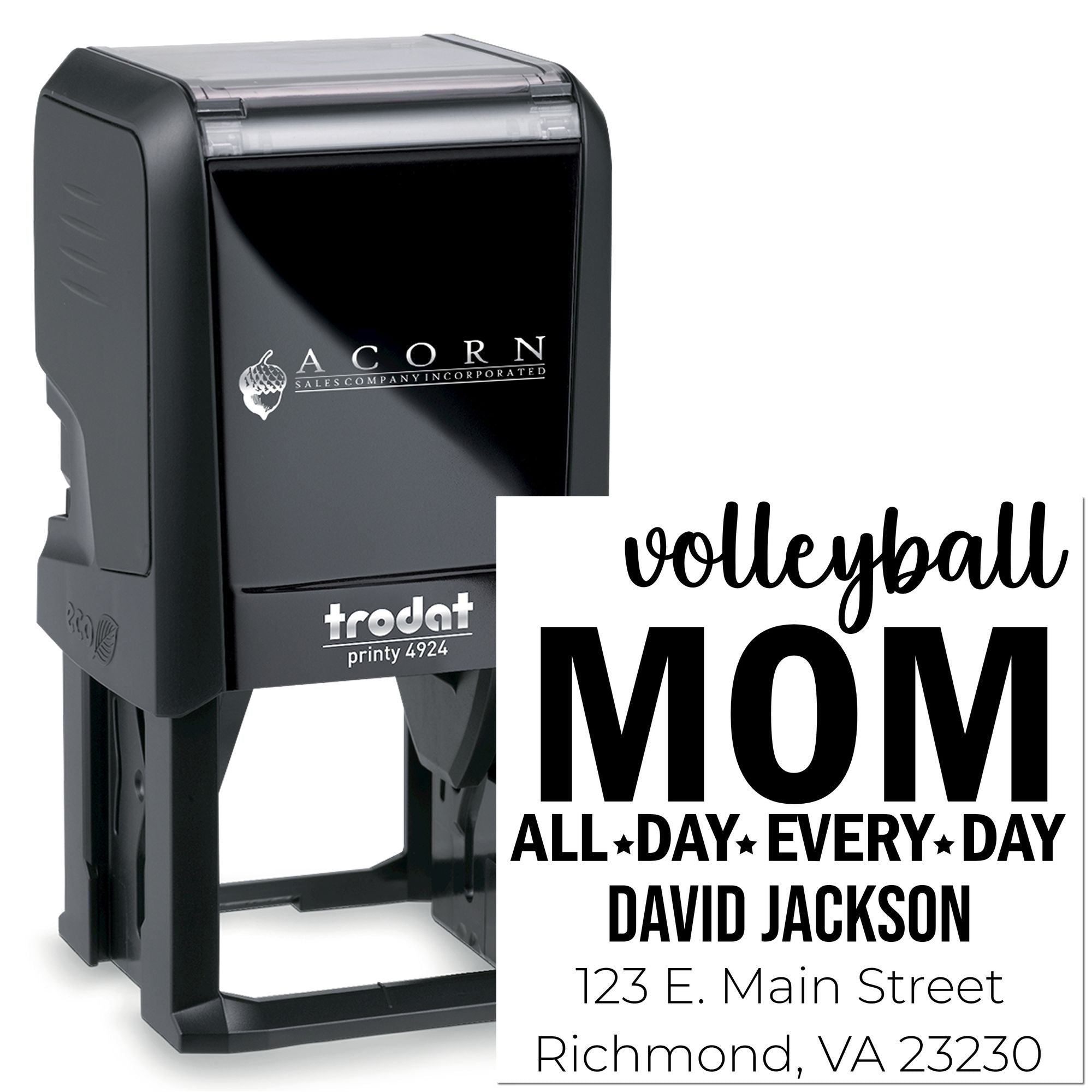 Custom self-inking rubber stamp with volleyball mom design, name, and address imprint for personalized mailing and crafts.
