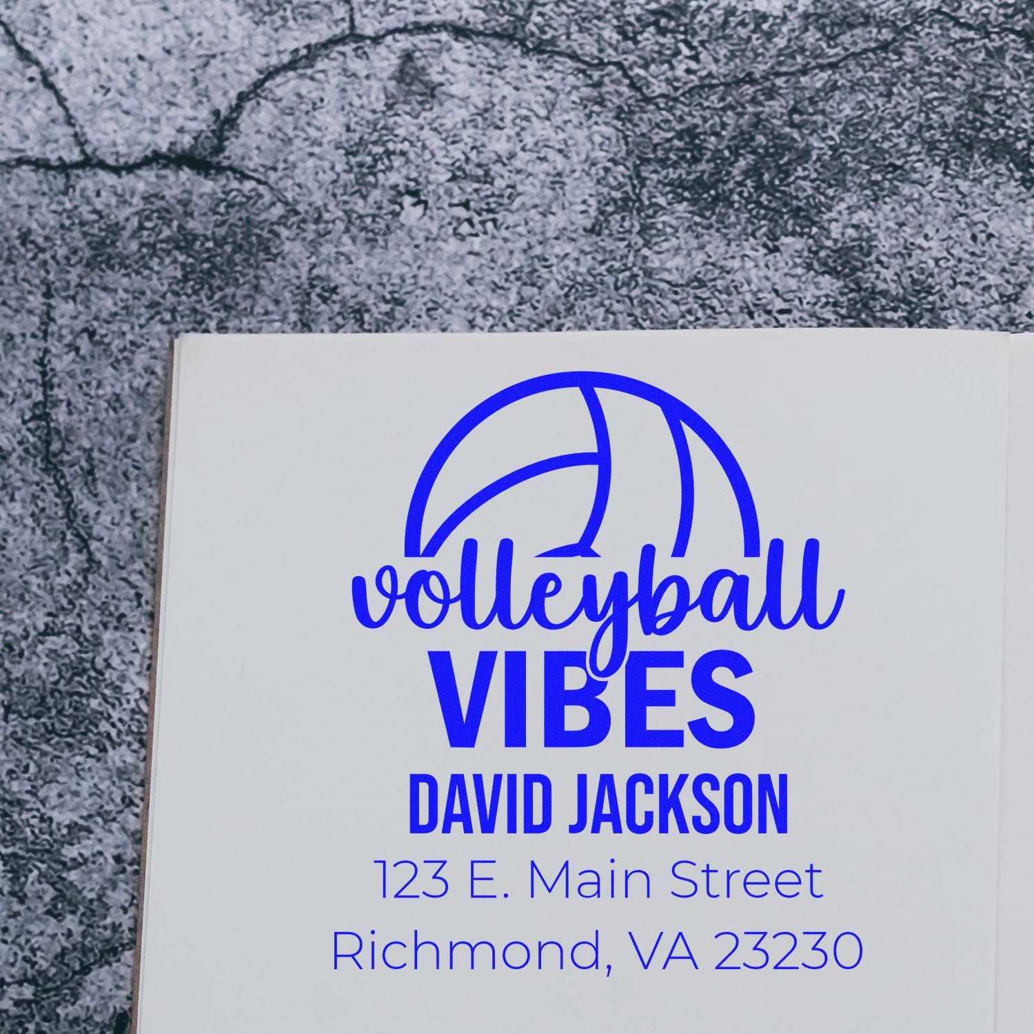 Custom volleyball rubber stamp design with Volleyball Vibes logo, David Jackson name, and Richmond, VA address in blue.