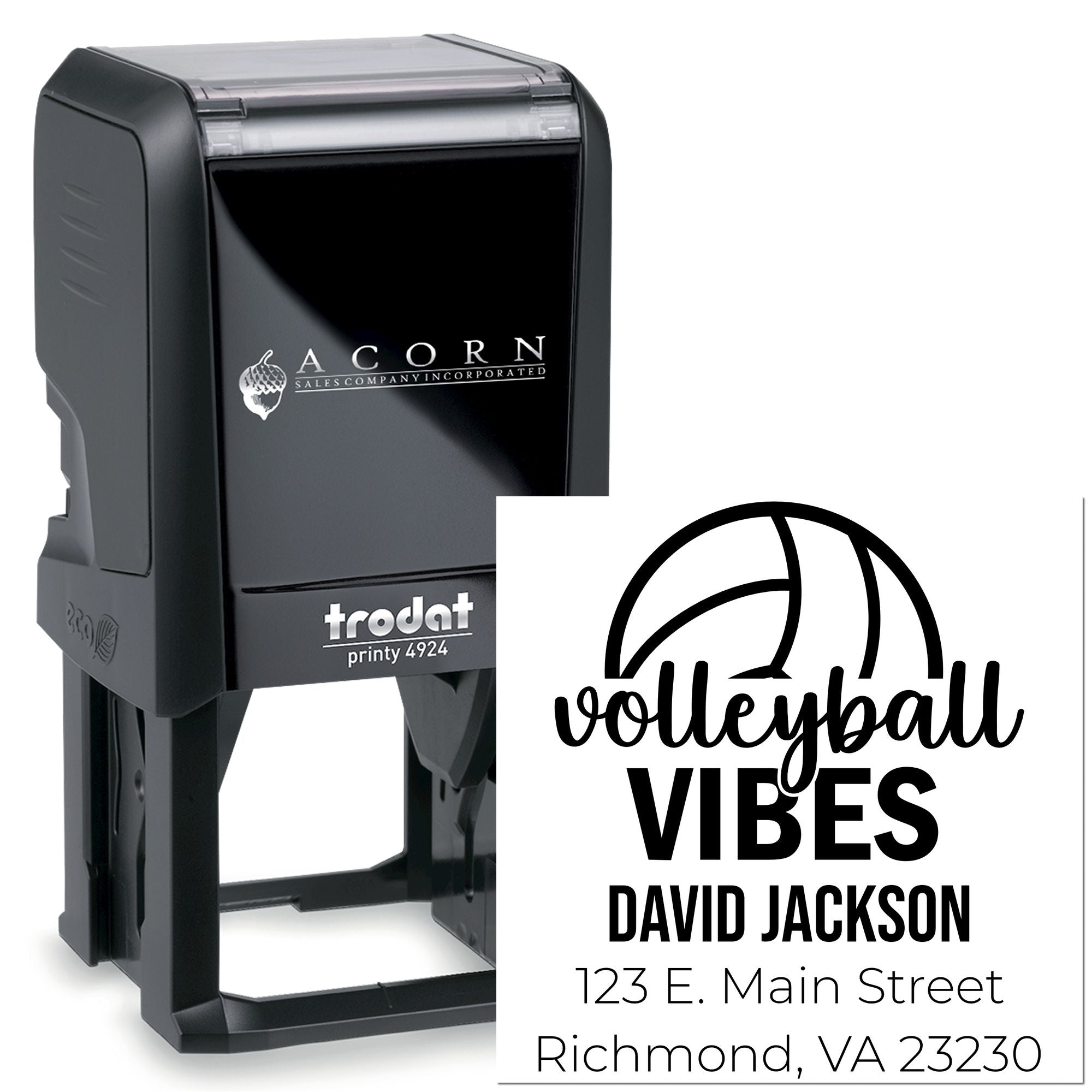 Trodat Printy 4924 custom self-inking rubber stamp with volleyball vibes name and address for personalized mailing.