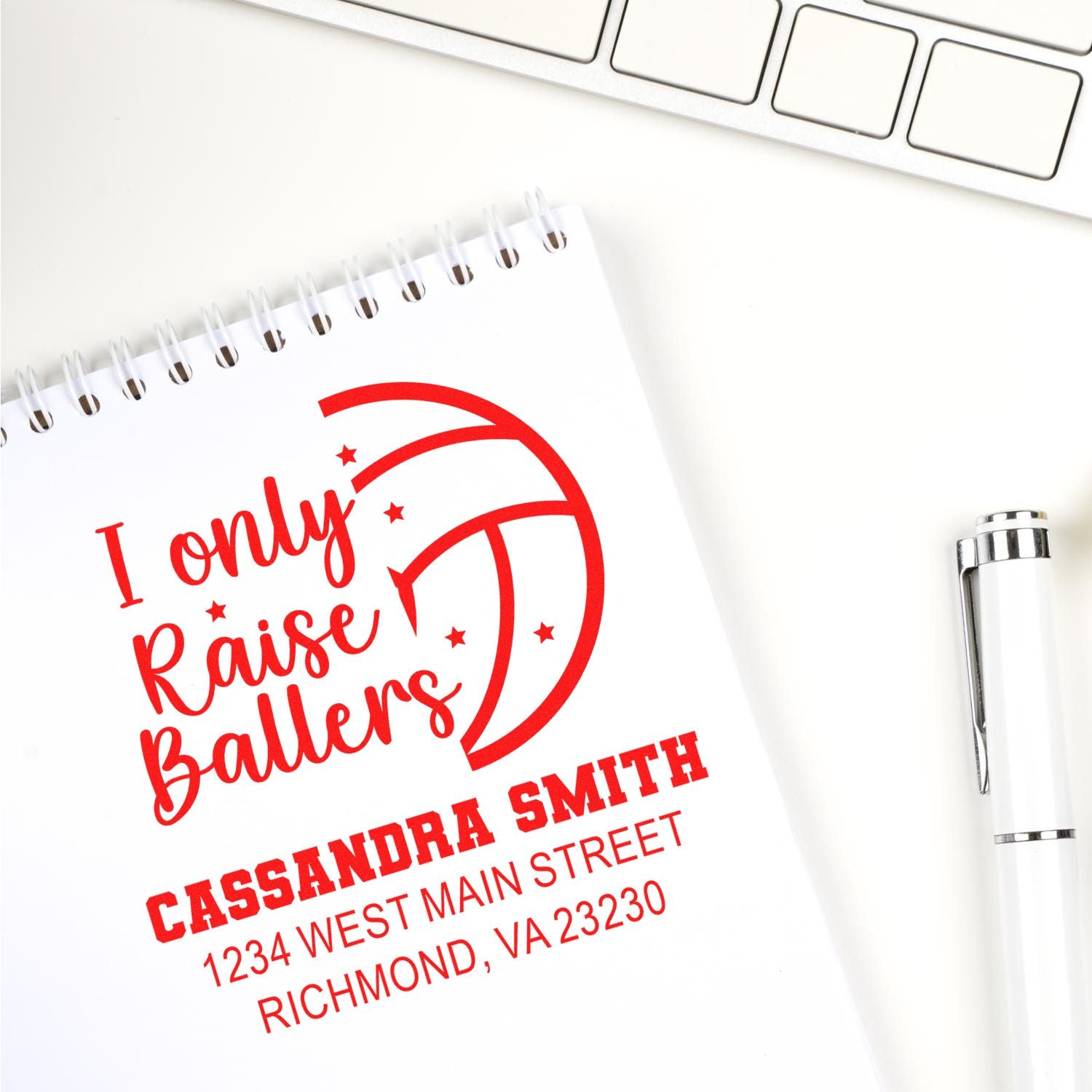 Custom basketball address stamp with I only Raise Ballers design, name, and address on white stationery.