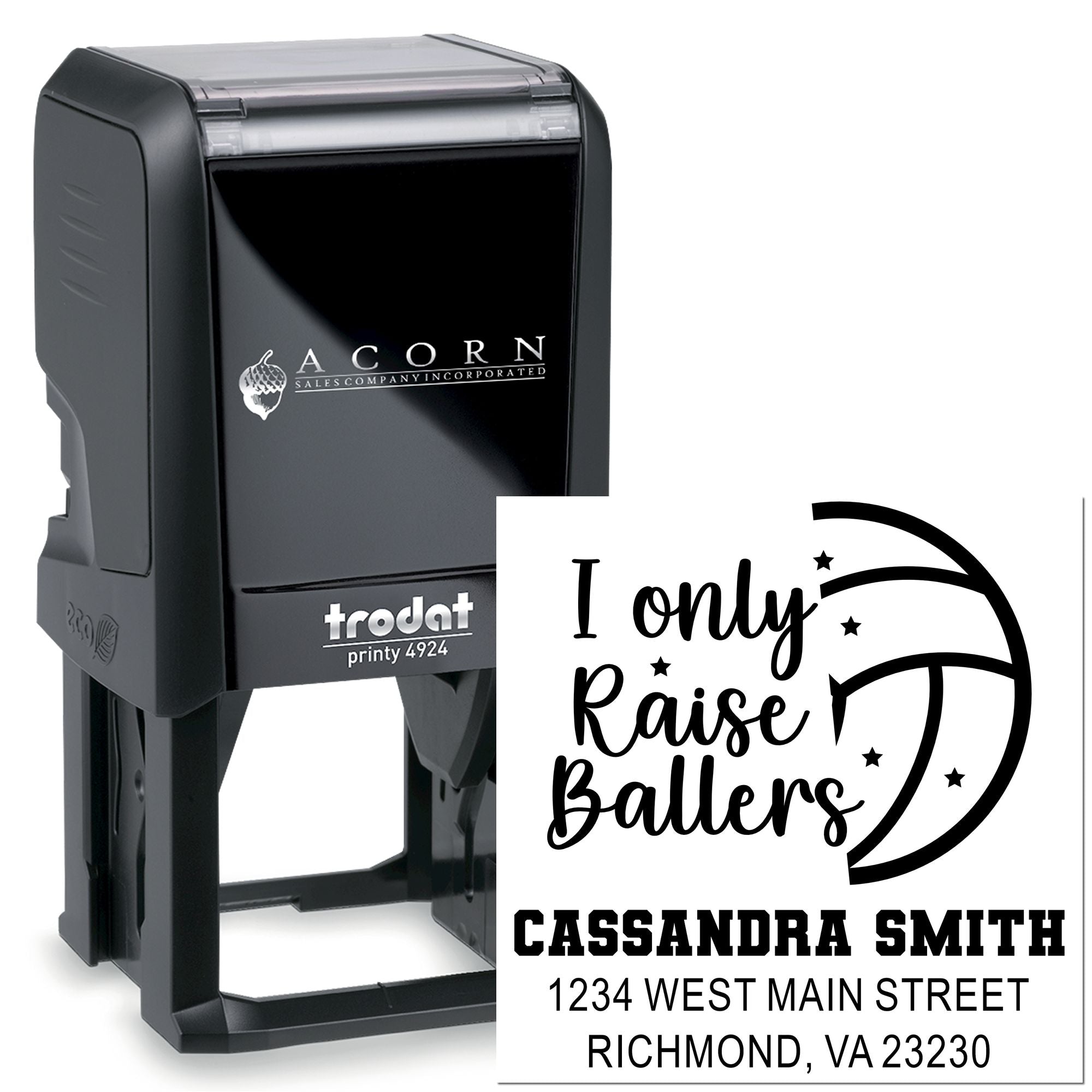 Custom self-inking rubber stamp with I Only Raise Ballers design and address imprint for personalized business or teacher use.