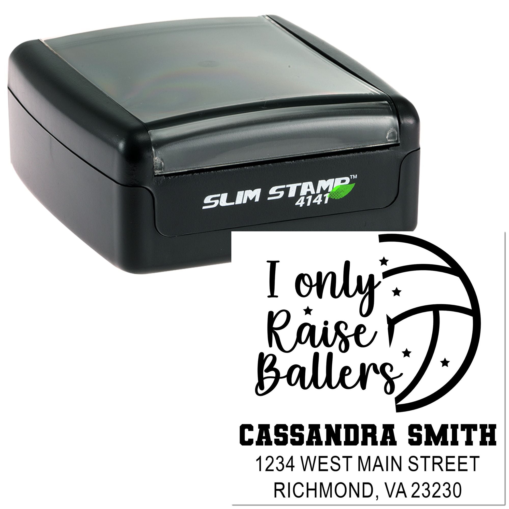 Custom Slim Stamp 4141 self-inking rubber stamp with I Only Raise Ballers name and address design