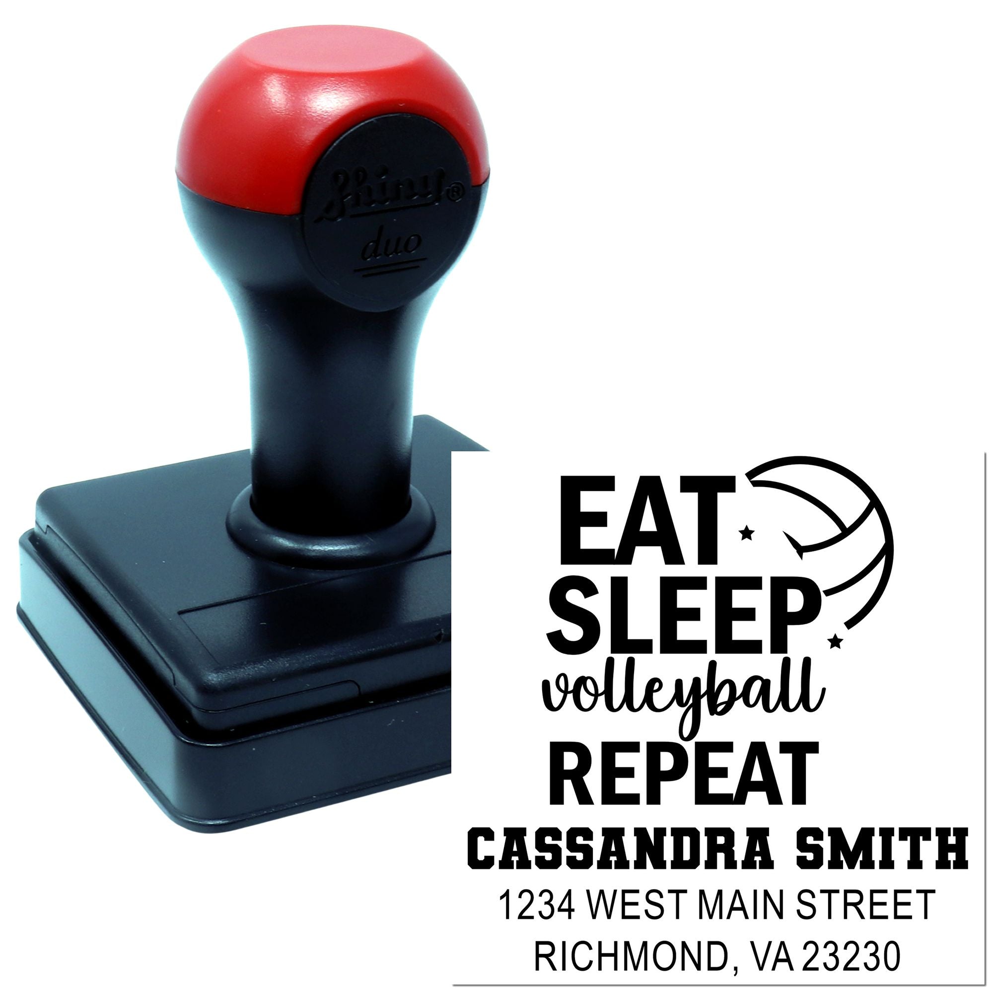 Personalized volleyball rubber stamp with custom self-inking stamp and Eat Sleep Volleyball Repeat name-and-address imprint.