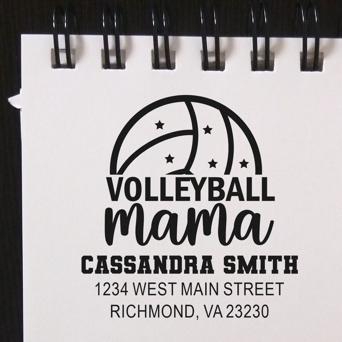 Custom volleyball mama rubber stamp with name and address for personalized return address labels and sports-themed stationery.