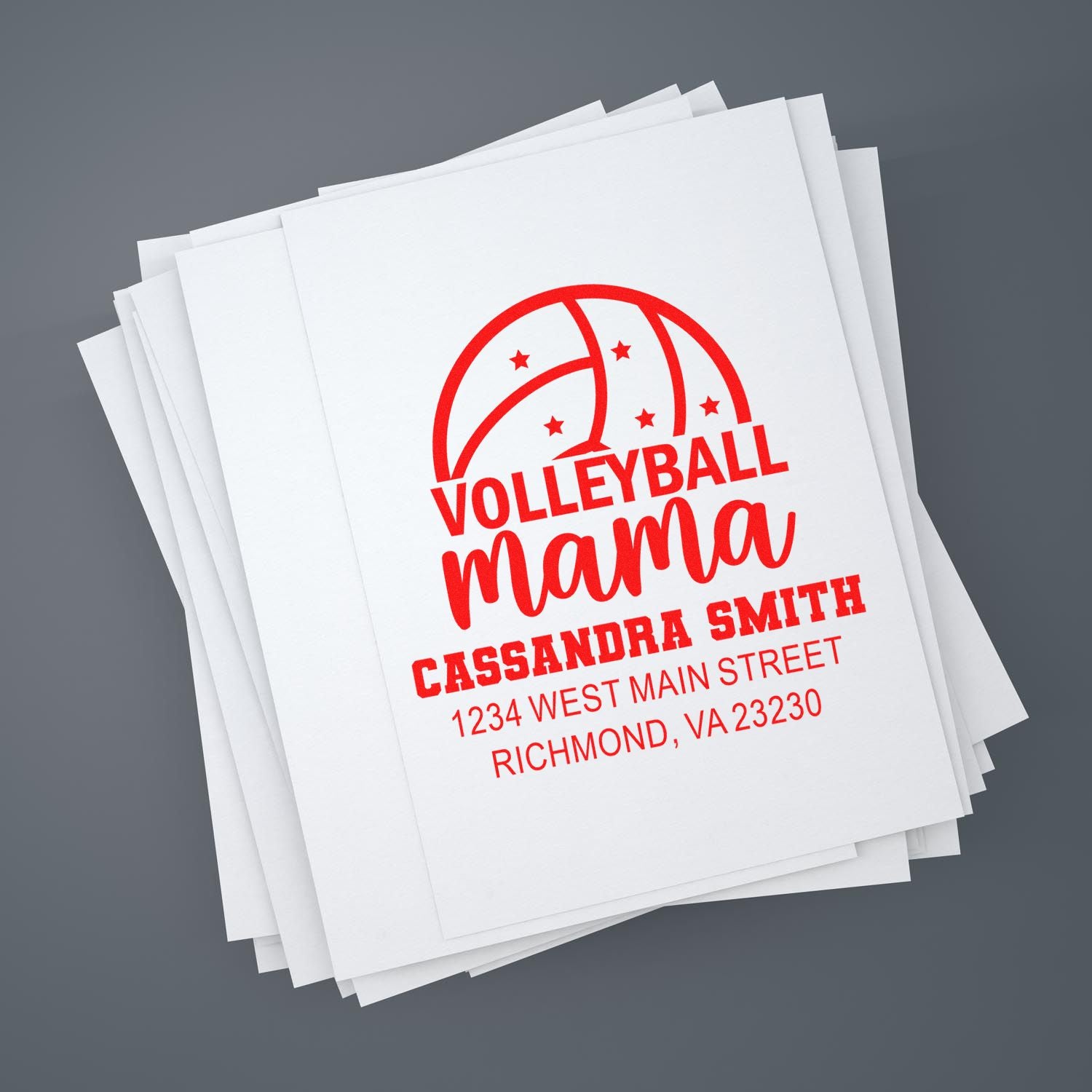 Custom volleyball mama rubber stamp for Cassandra Smith with name and address, ideal for personalized mailing and gift packaging.