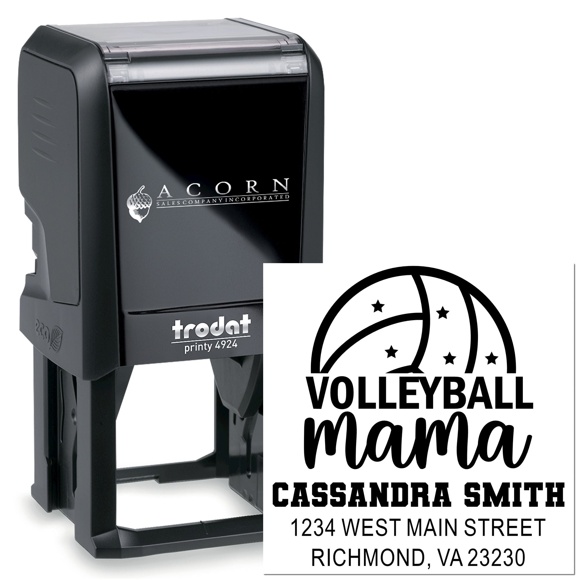 Personalized self-inking rubber stamp with volleyball mama design, Cassandra Smith name, and return address.