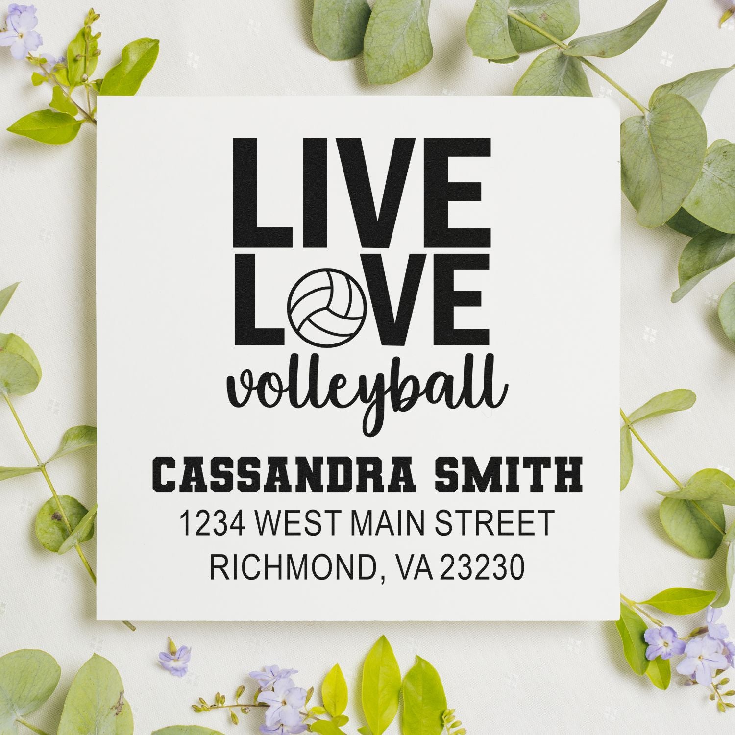 Custom volleyball return address rubber stamp with Live Love Volleyball, Cassandra Smith, and address.