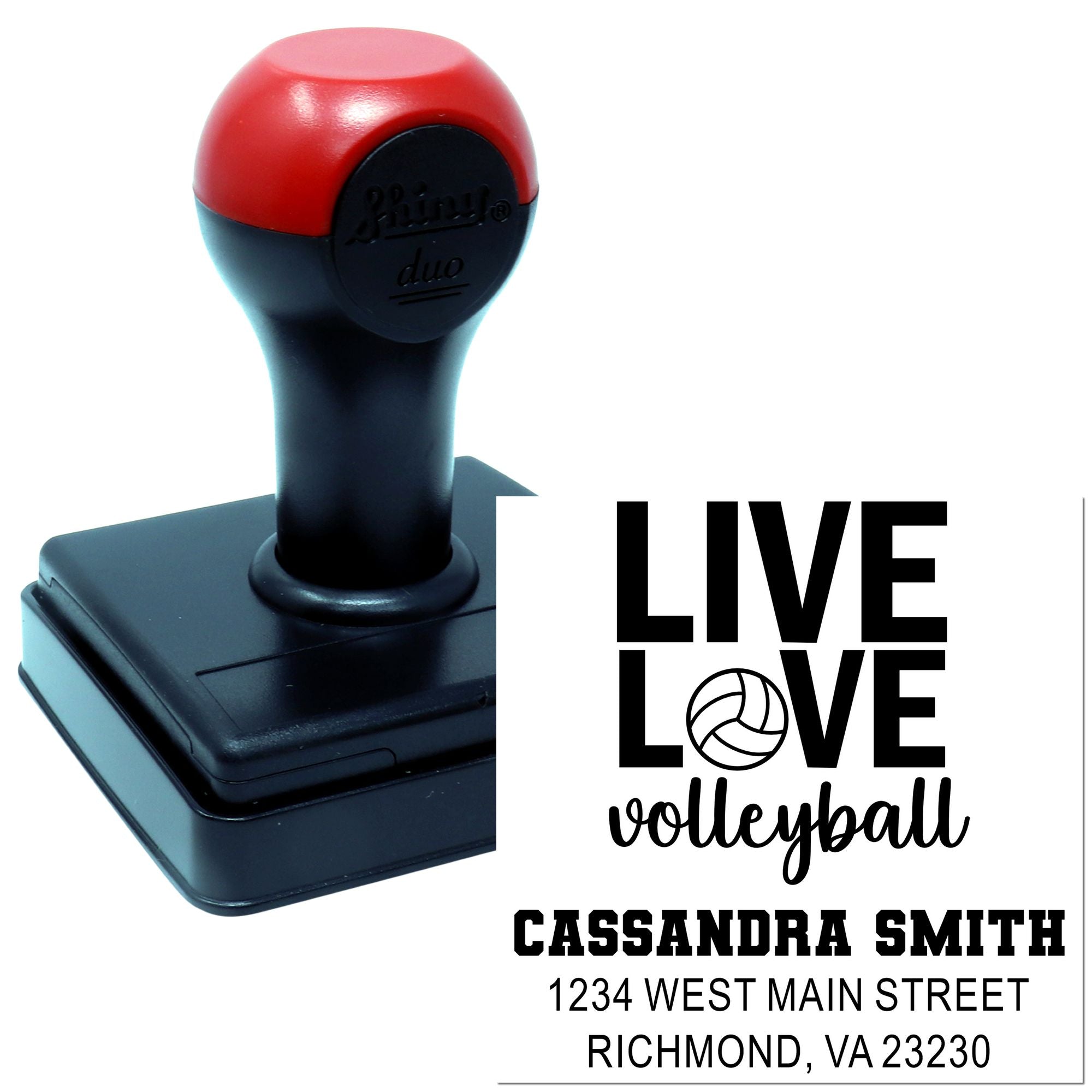 Custom self-inking rubber stamp with Live Love Volleyball design and address for personalized sports team stamping.