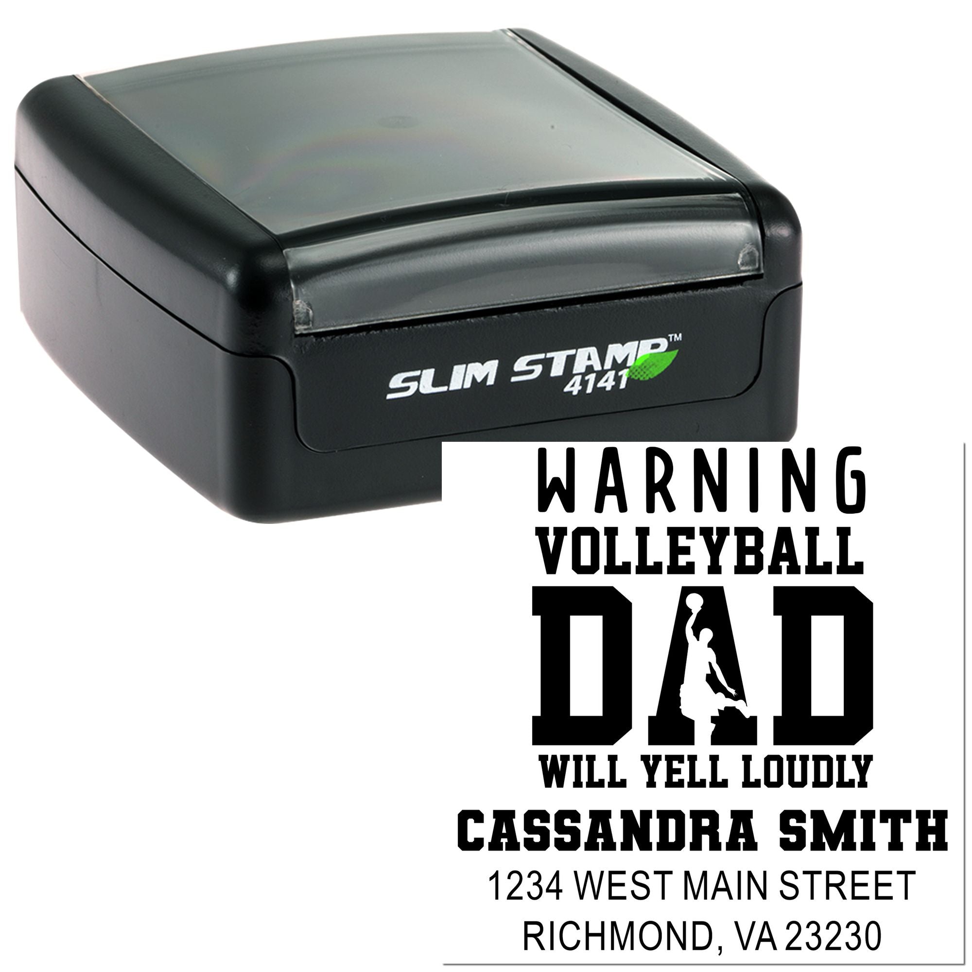 Custom self-inking rubber stamp with volleyball dad warning imprint, personalized name, and address for school events.