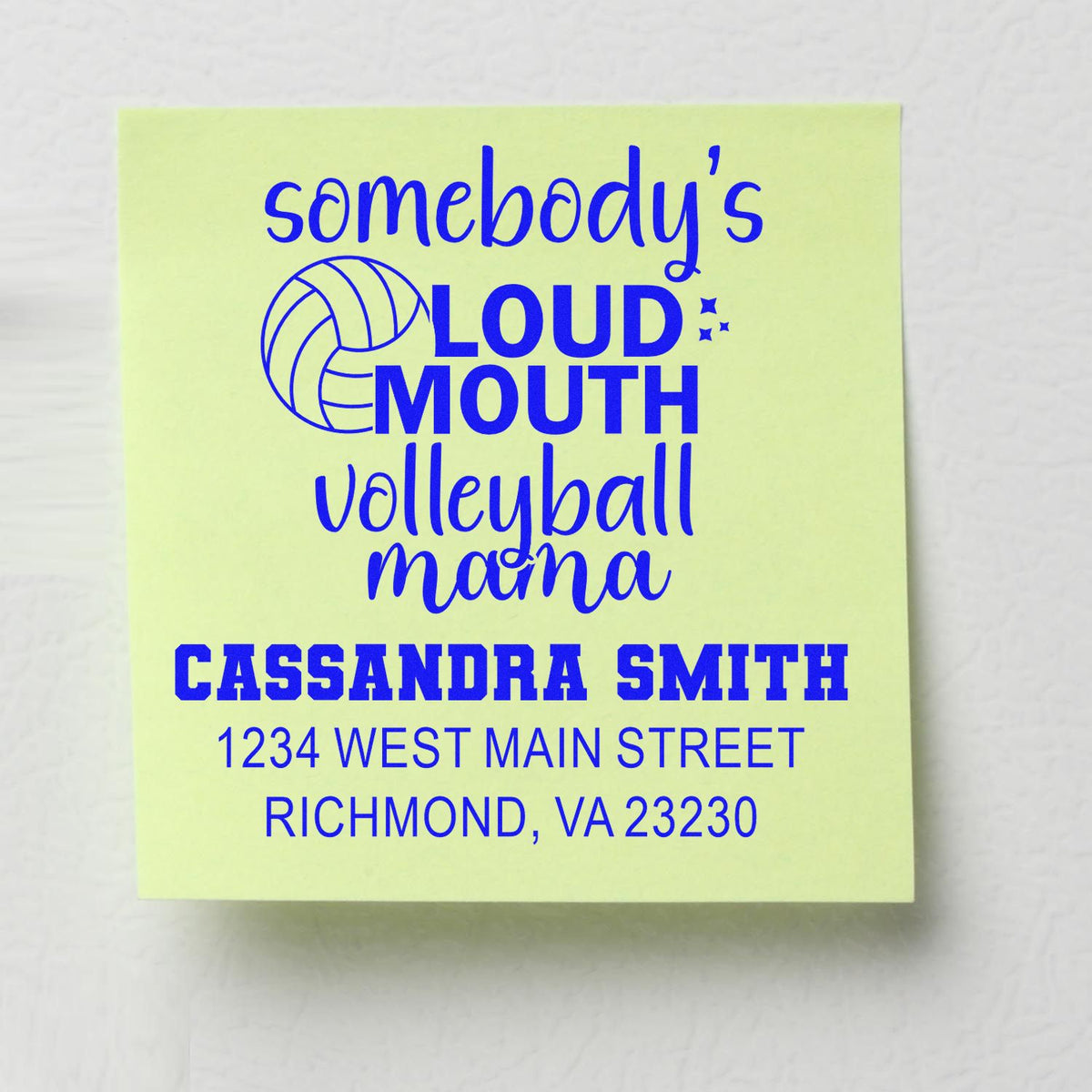 Custom volleyball mama rubber stamp with loud mouth design, name, and address for Cassandra Smith in Richmond, VA 23230.