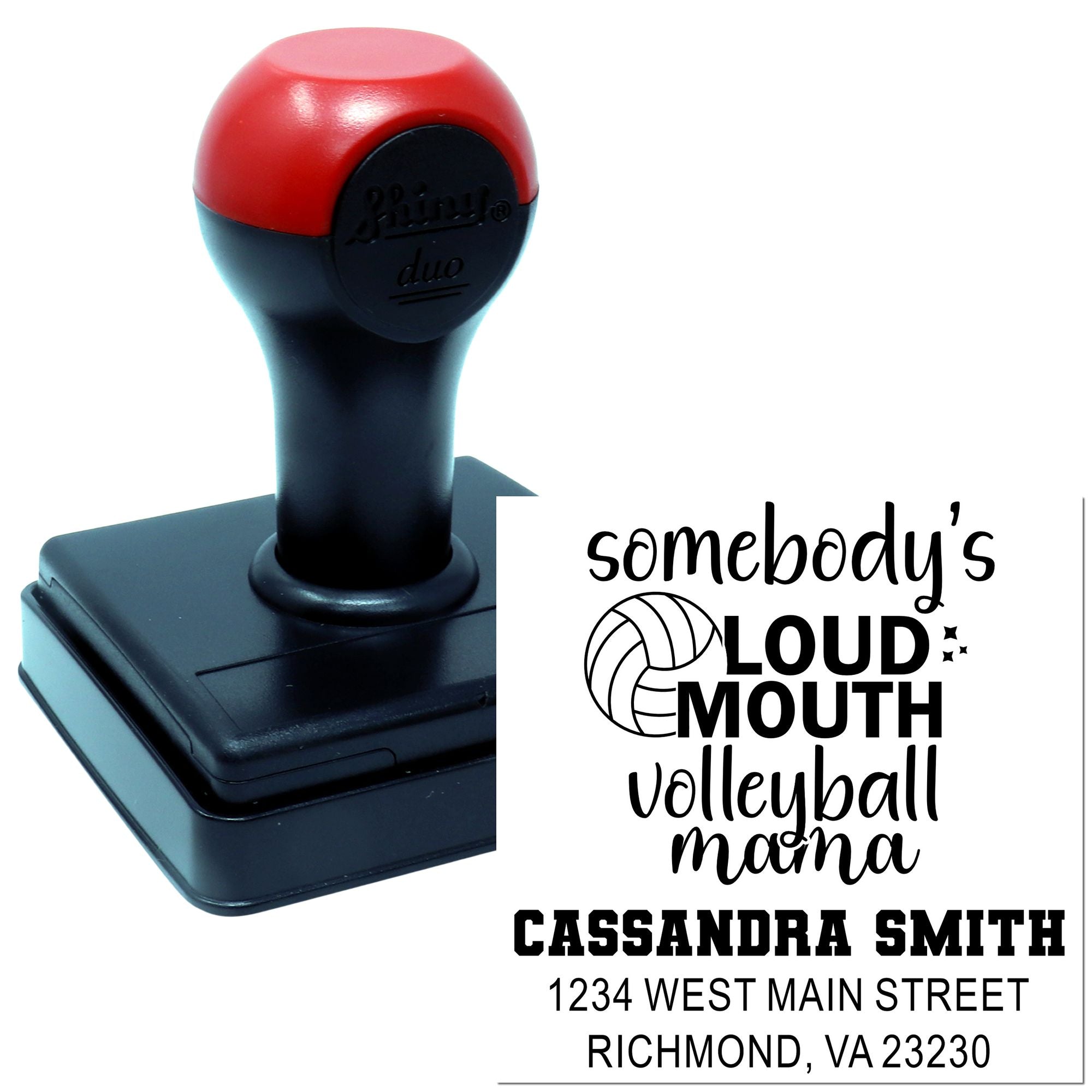 Custom self-inking rubber stamp for a volleyball mama, featuring name, address, and bold personalized return address design.