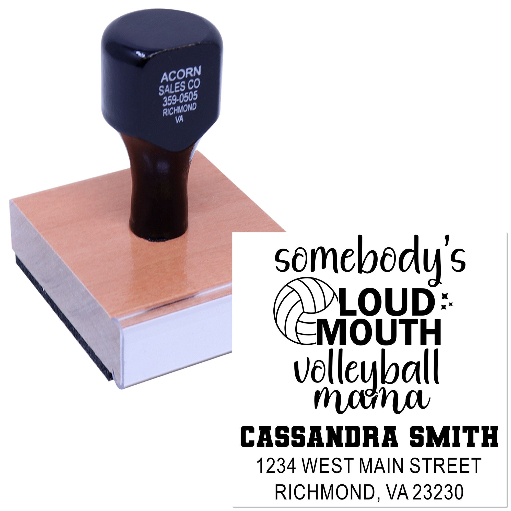 Custom volleyball mama rubber stamp design with name and address for personalized sports gifts and branding.
