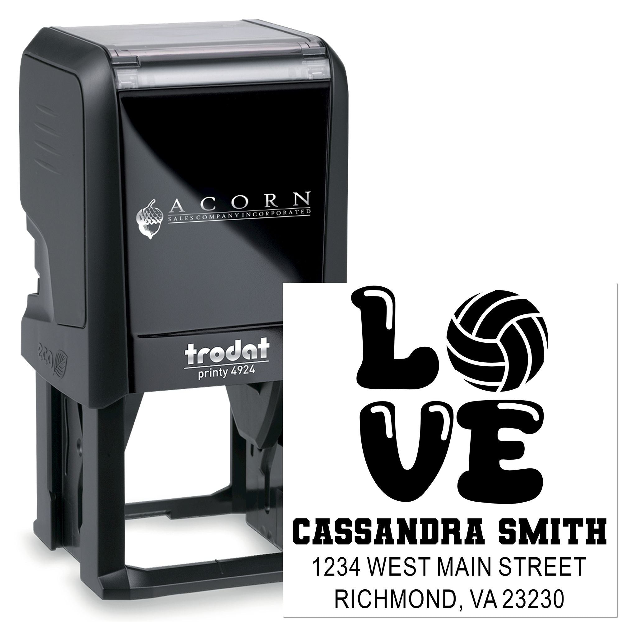 Trodat Printy 4924 custom self-inking rubber stamp with volleyball love design, name, and address for return-address use