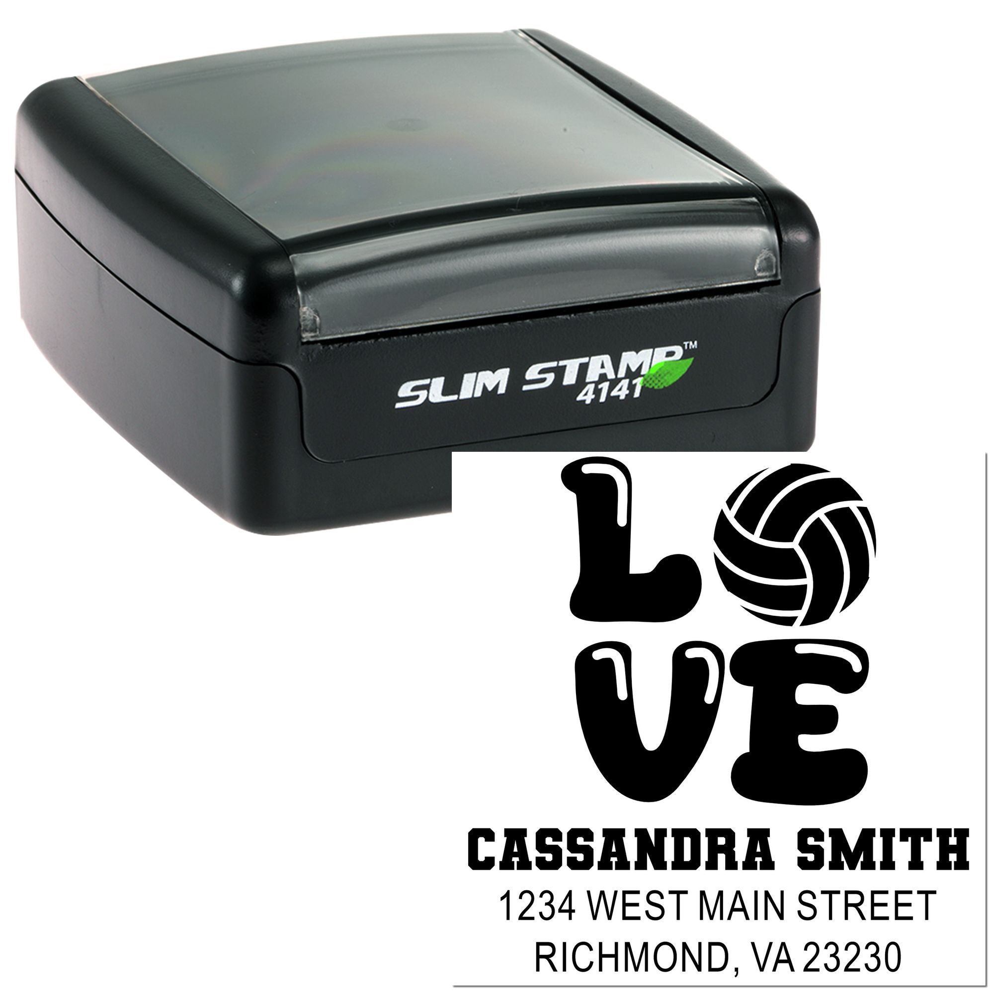Slim Stamp 4141 self-inking rubber stamp with volleyball design, personalized name and address for sports or school use.