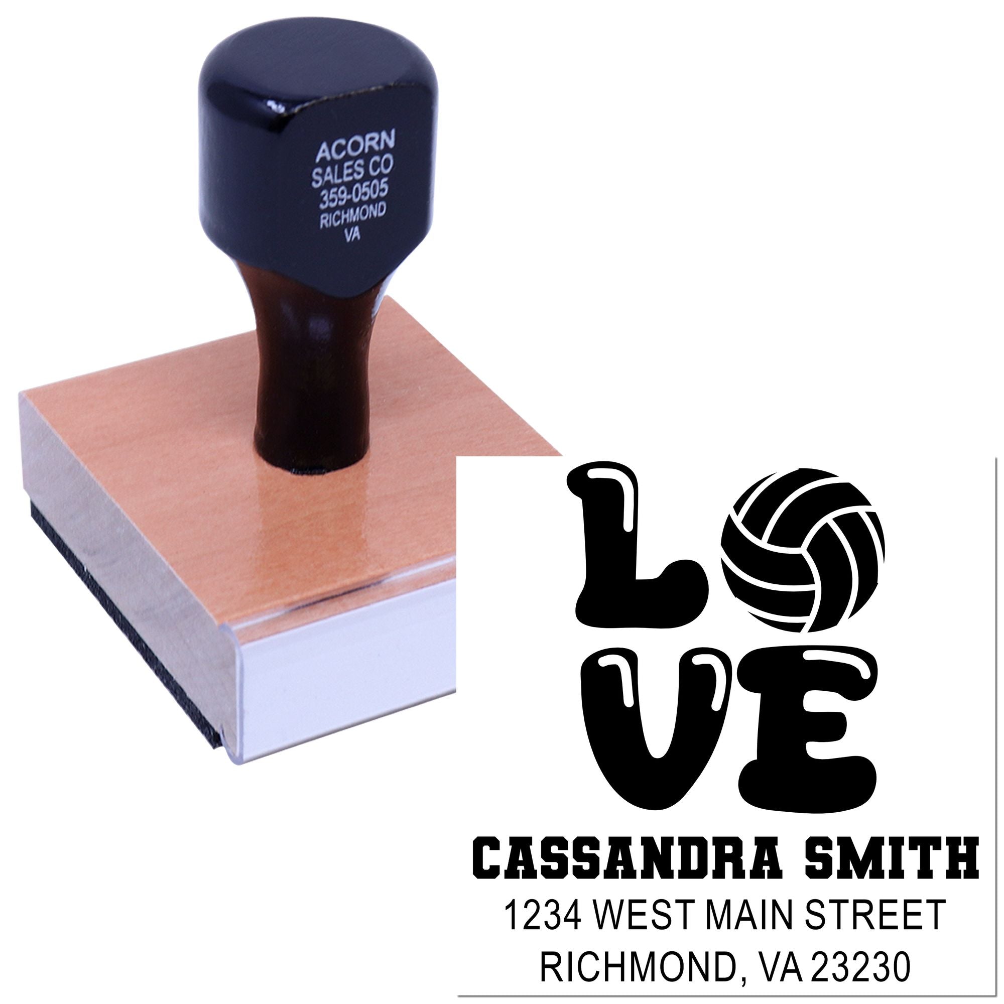 Custom rubber stamp with volleyball LOVE logo and address imprint for personalized business or team branding.