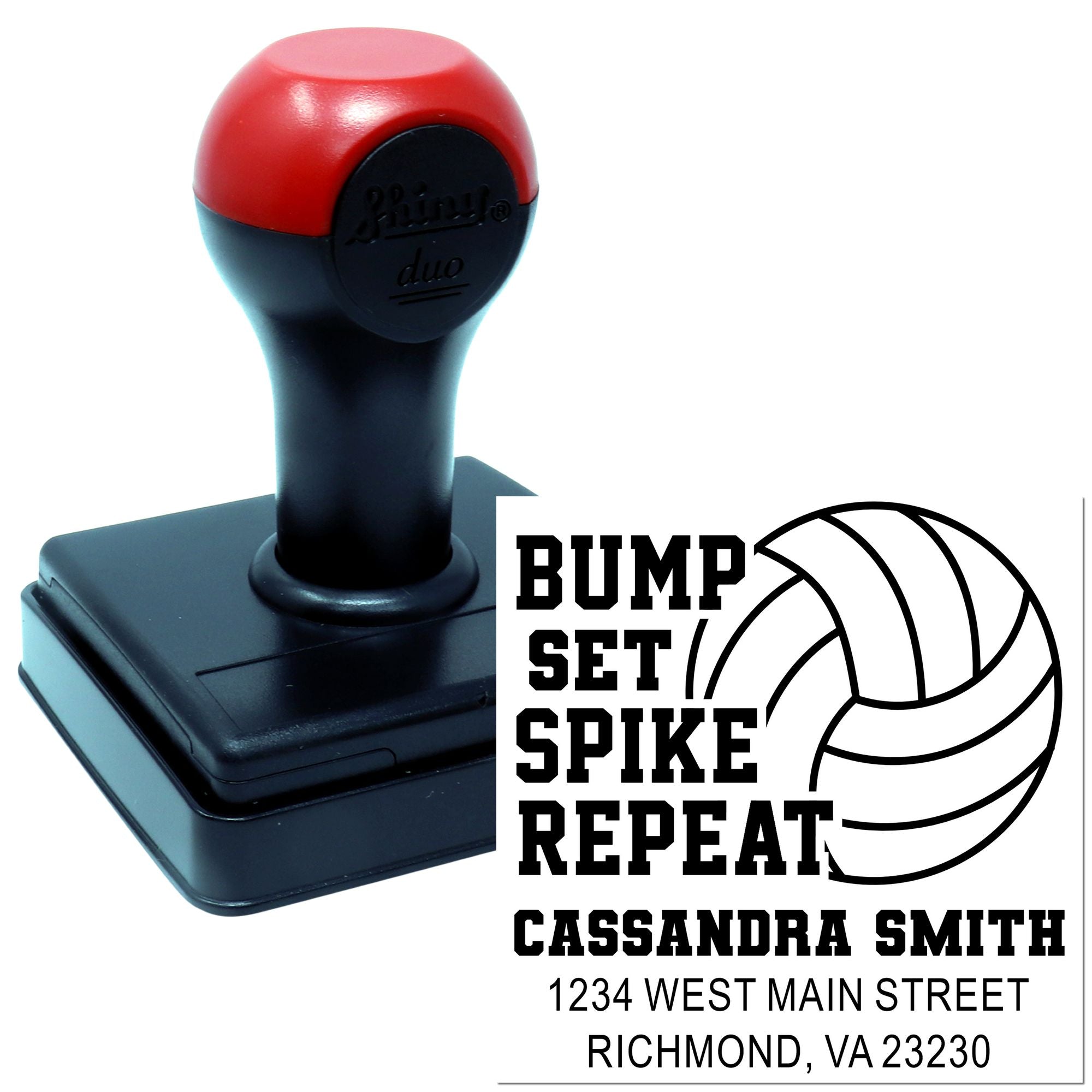 Personalized volleyball rubber stamp with bump set spike repeat design and custom name and address imprint.