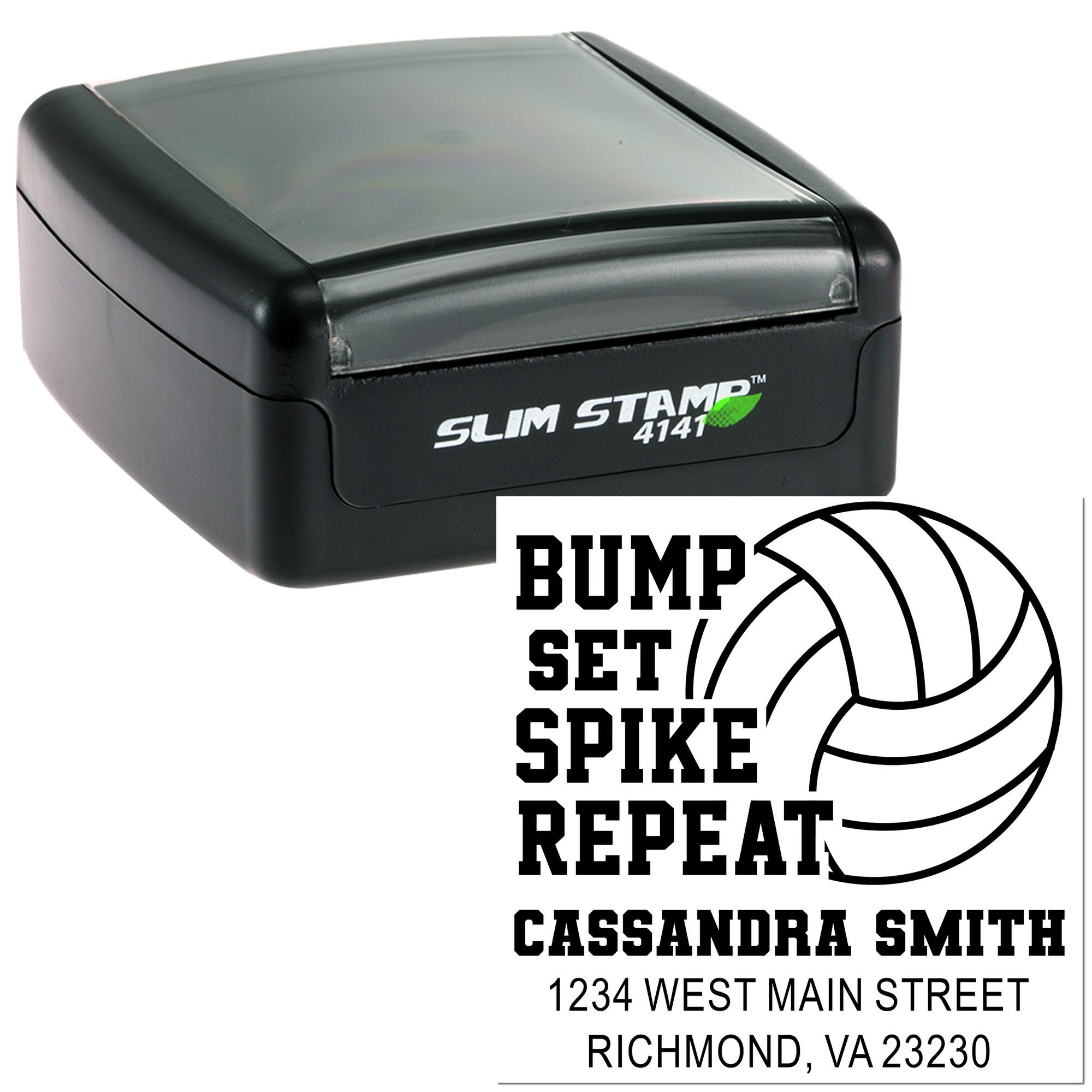 Custom self-inking rubber address stamp with volleyball design for Bump Set Spike Repeat team mailings and returns.